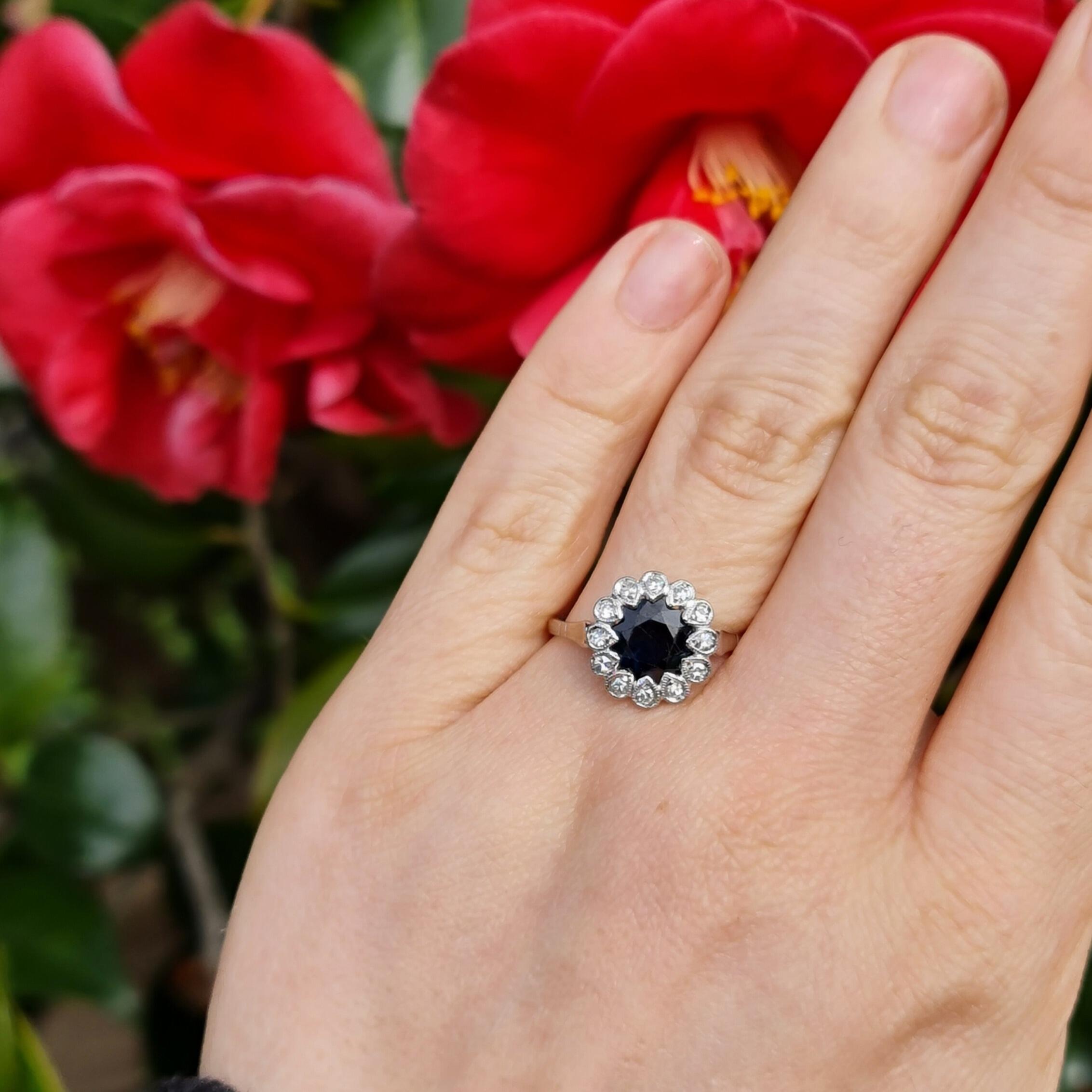 Vintage Art Deco Sapphire and Diamond Cluster Flower Ring in 18ct White Gold