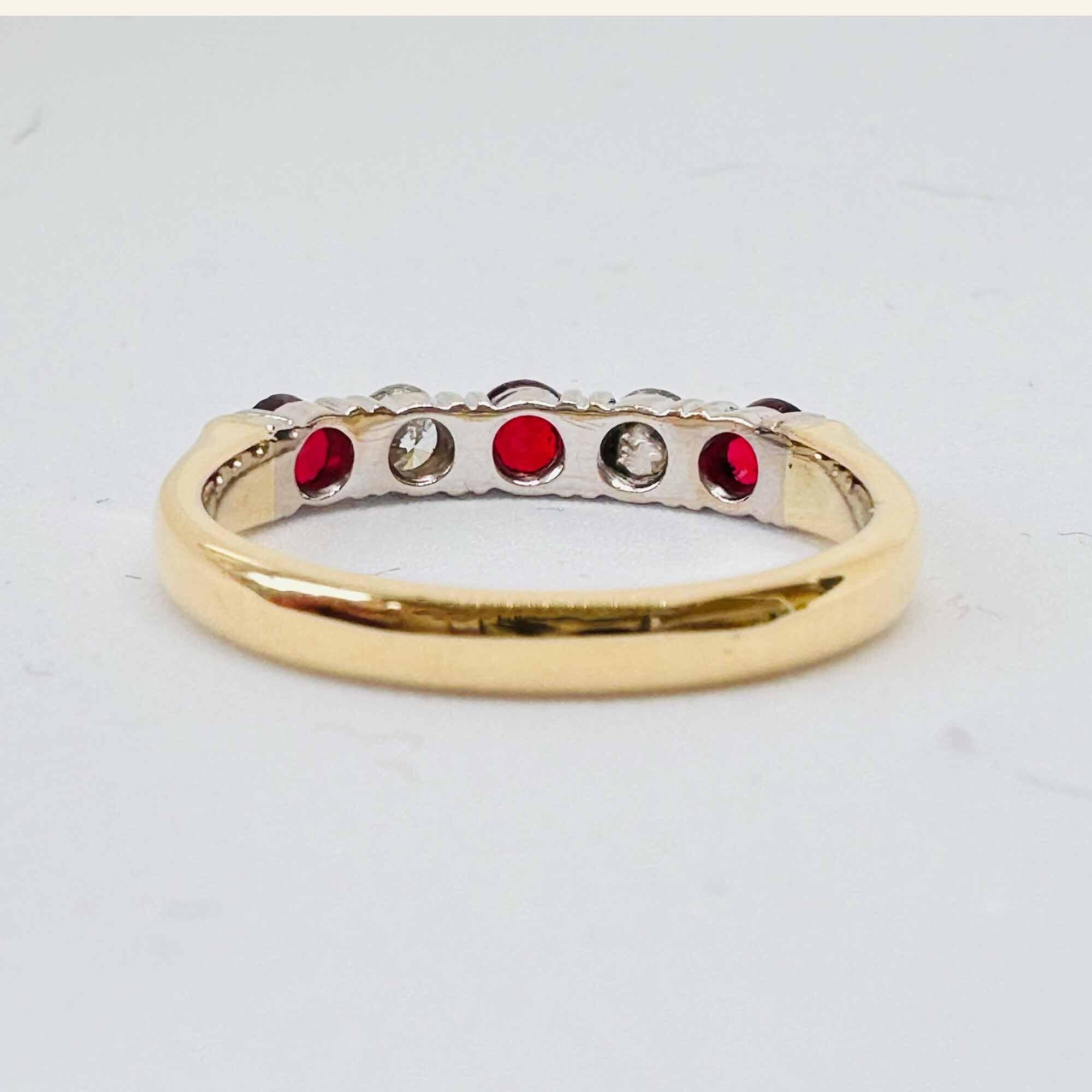 Contemporary 18ct white gold half eternity ring with rubies & diamonds, total gemstone carat weight 0.55ct. Ideal anniversary gift or ring stack addition!