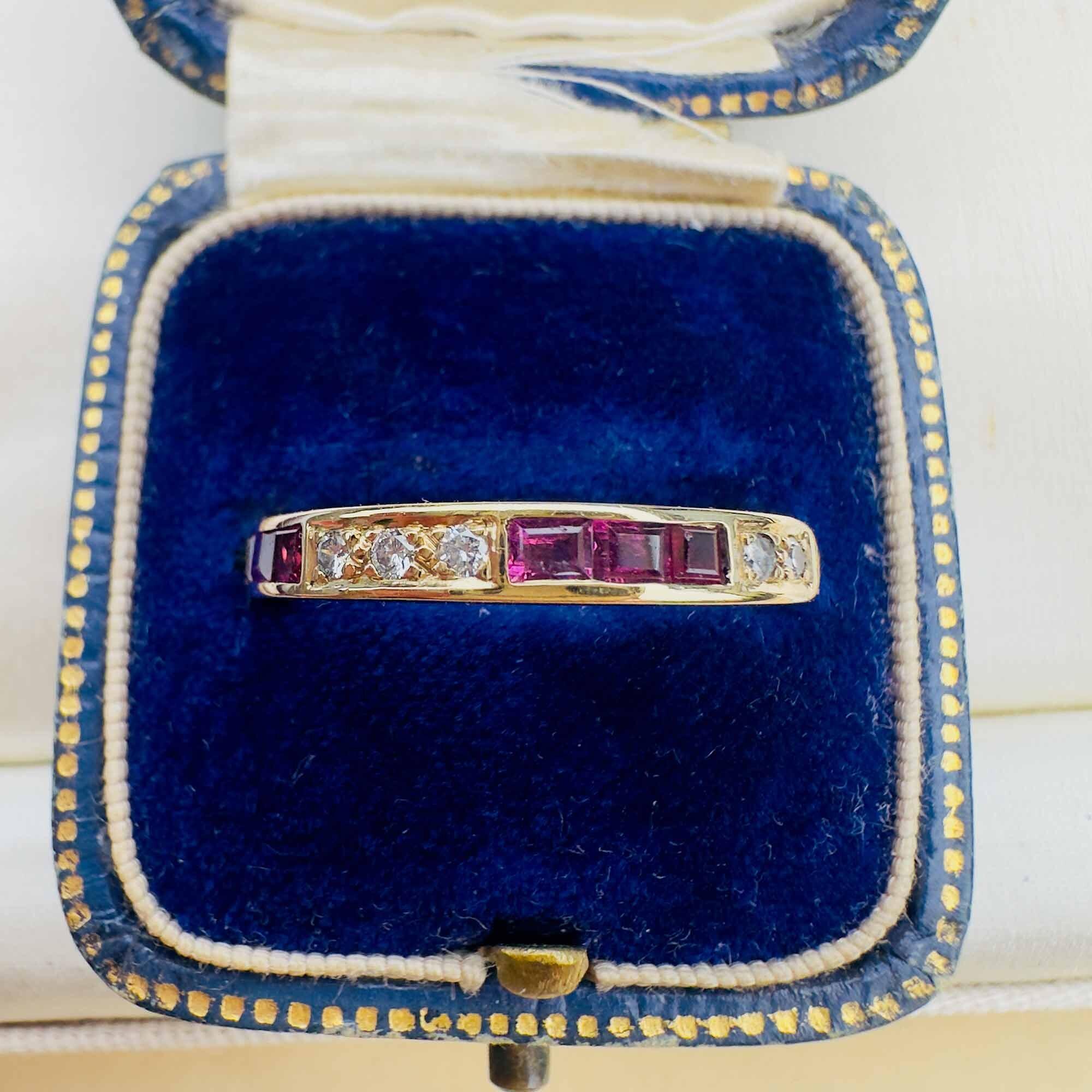 18ct Gold Half Eternity Ring with Rubies and Diamonds, 0.55ct Total, Channel Setting in blue velvet box