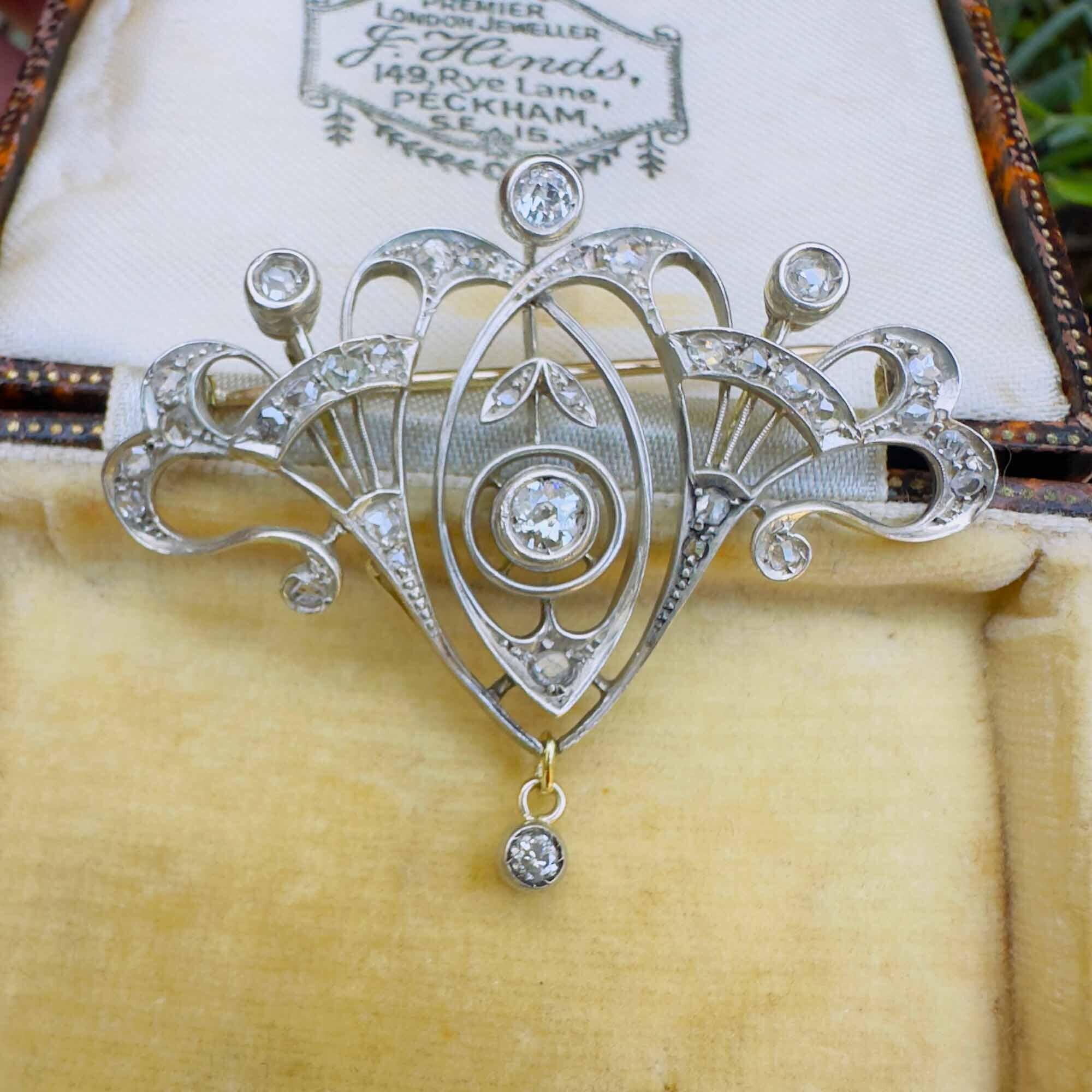 Exquisite Belle Epoque diamond brooch pendant, 1.40ct, Victorian era, 18ct gold, statement piece, April birthstone