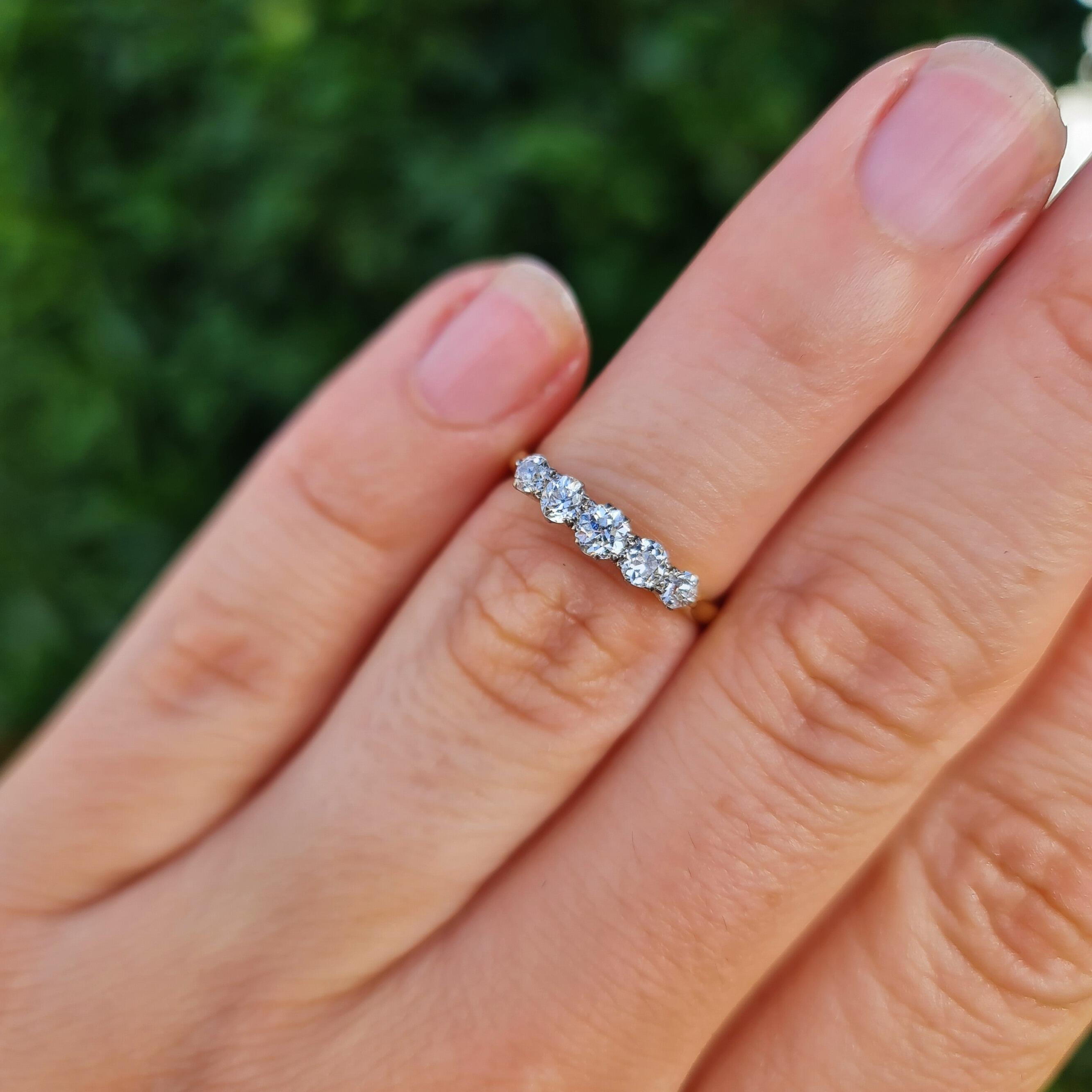 Edwardian five stone old cut diamond engagement ring in 18ct yellow gold