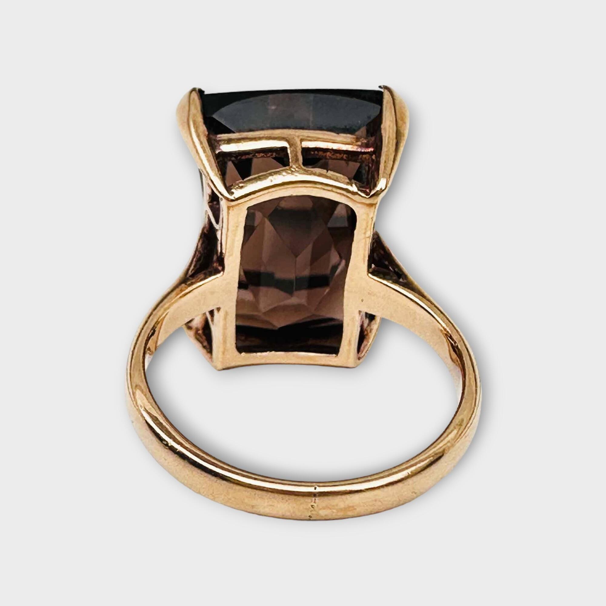 vintage concave rectangular faceted smoky quartz dress ring in 9ct yellow gold