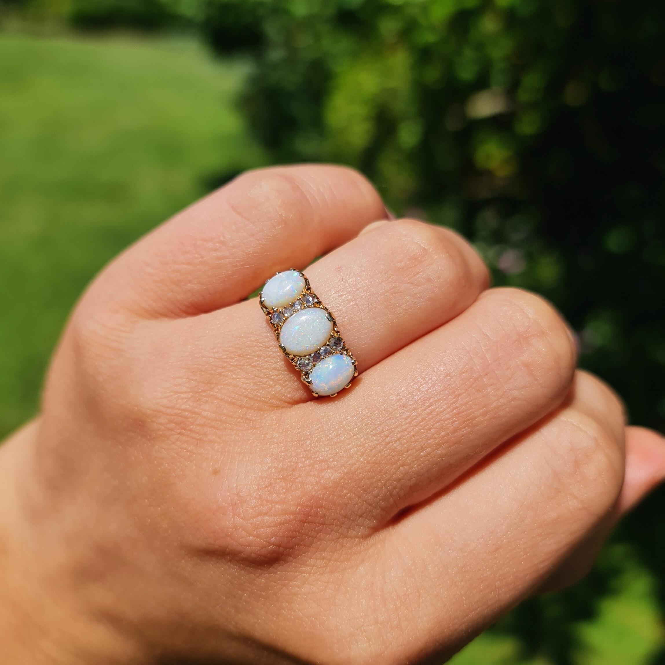 Victorian three stone opal and diamond carved hoop ring in 18ct yellow gold