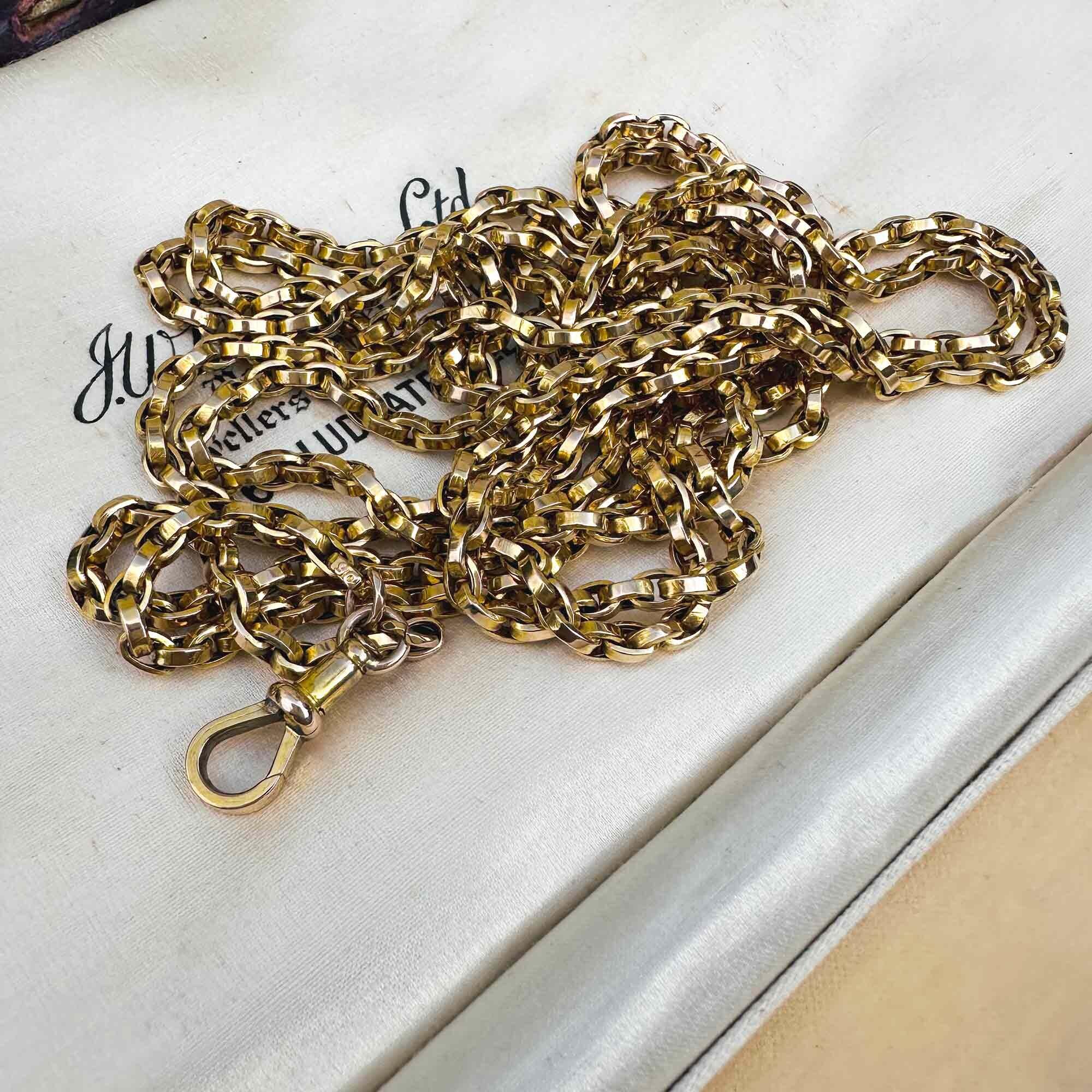 long Edwardian 9ct gold muff or guard belcher link chain with dog clip clasp