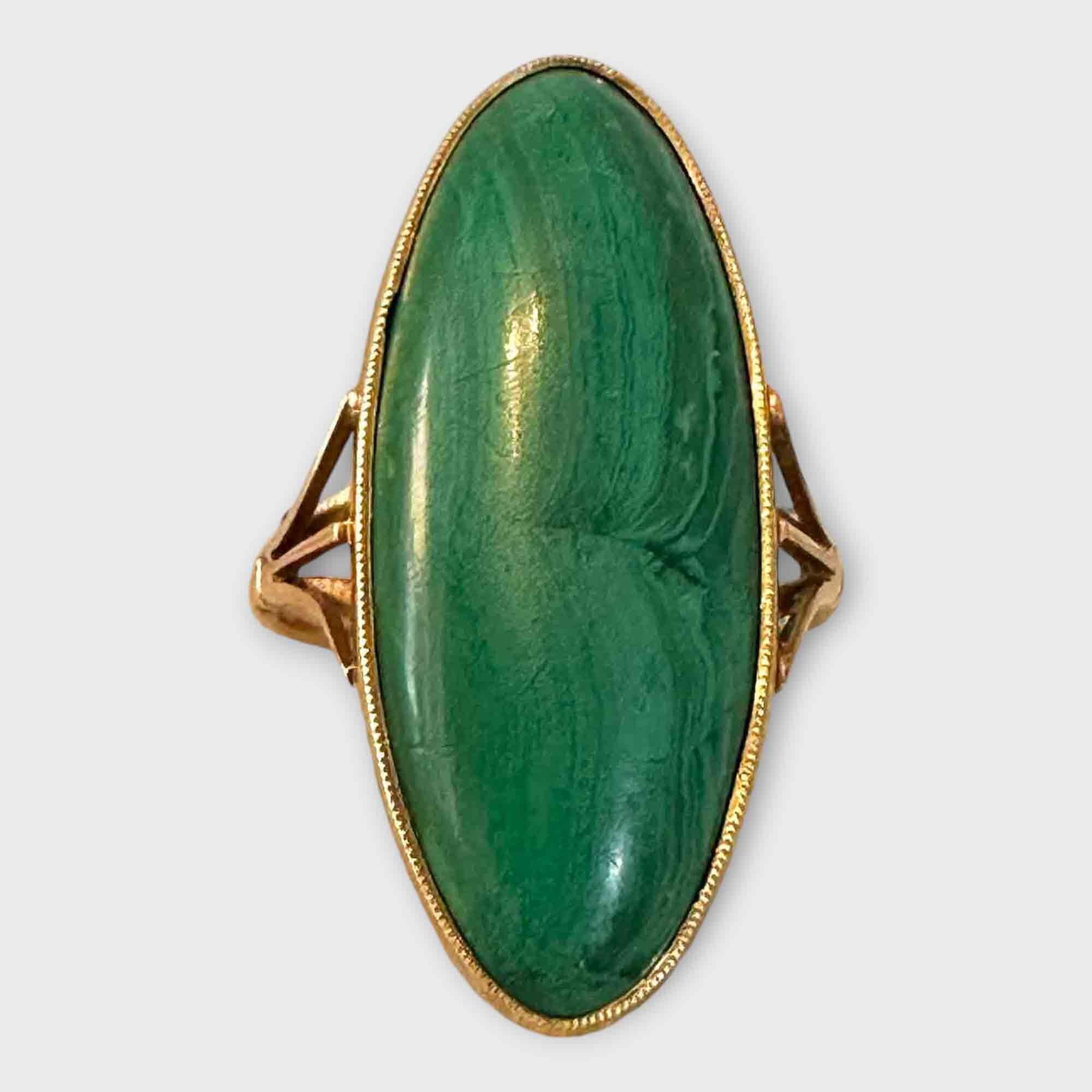 Art Deco oval elliptical malachite statement ring set in 14ct yellow gold