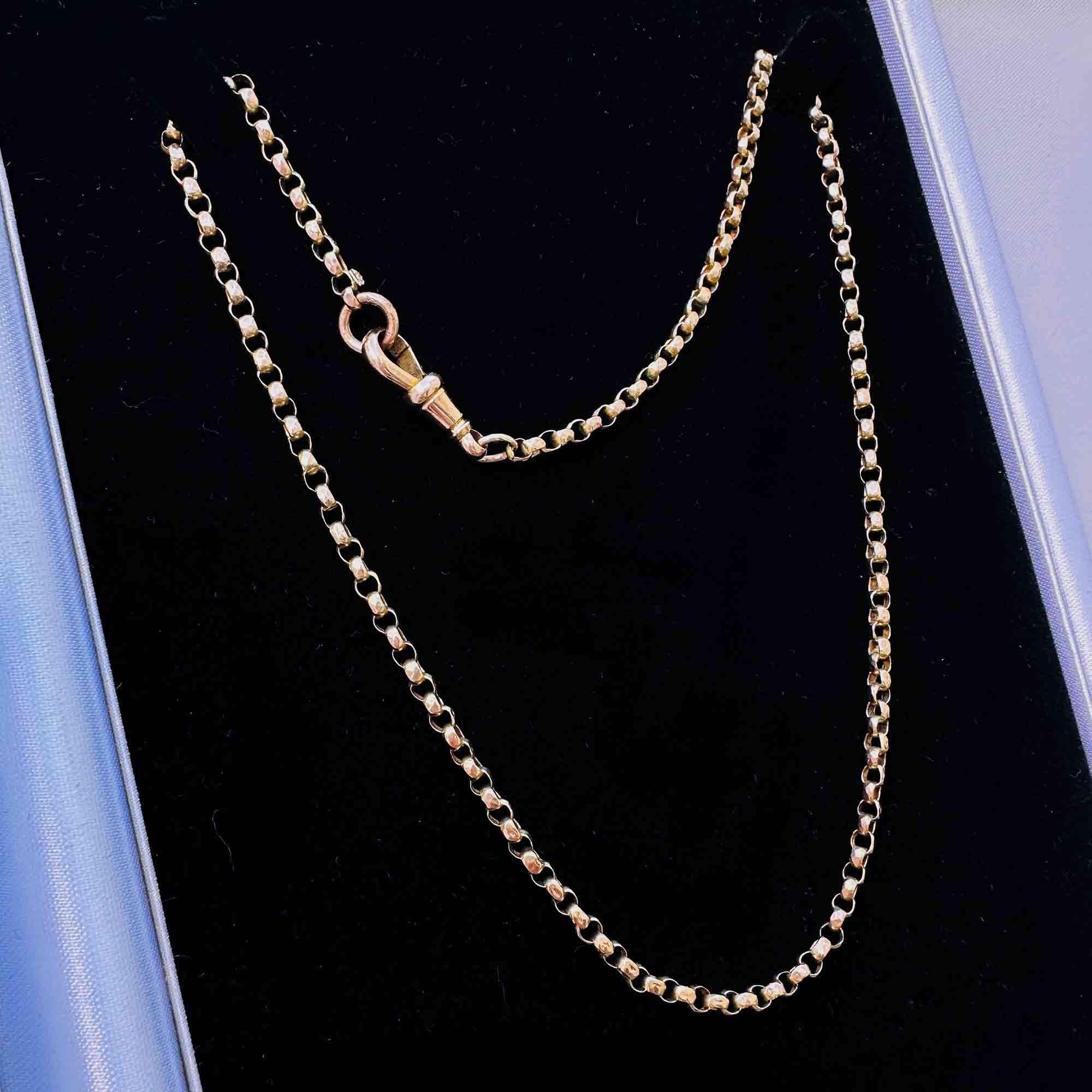 Edwardian 9ct rose gold faceted belcher link chain necklace with dog clip fitting