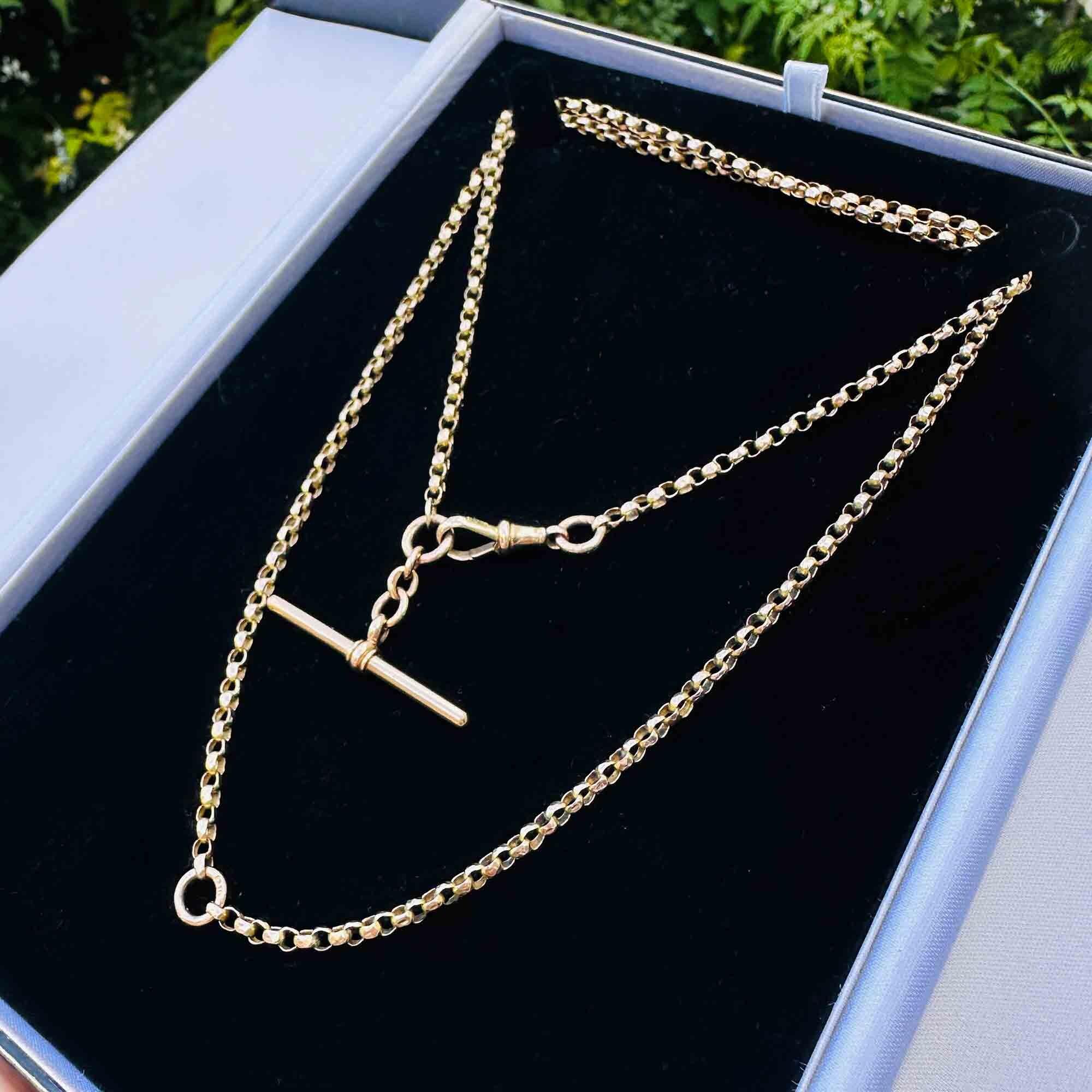 Edwardian 9ct rose gold faceted belcher link chain with T-bar and dog clip clasp