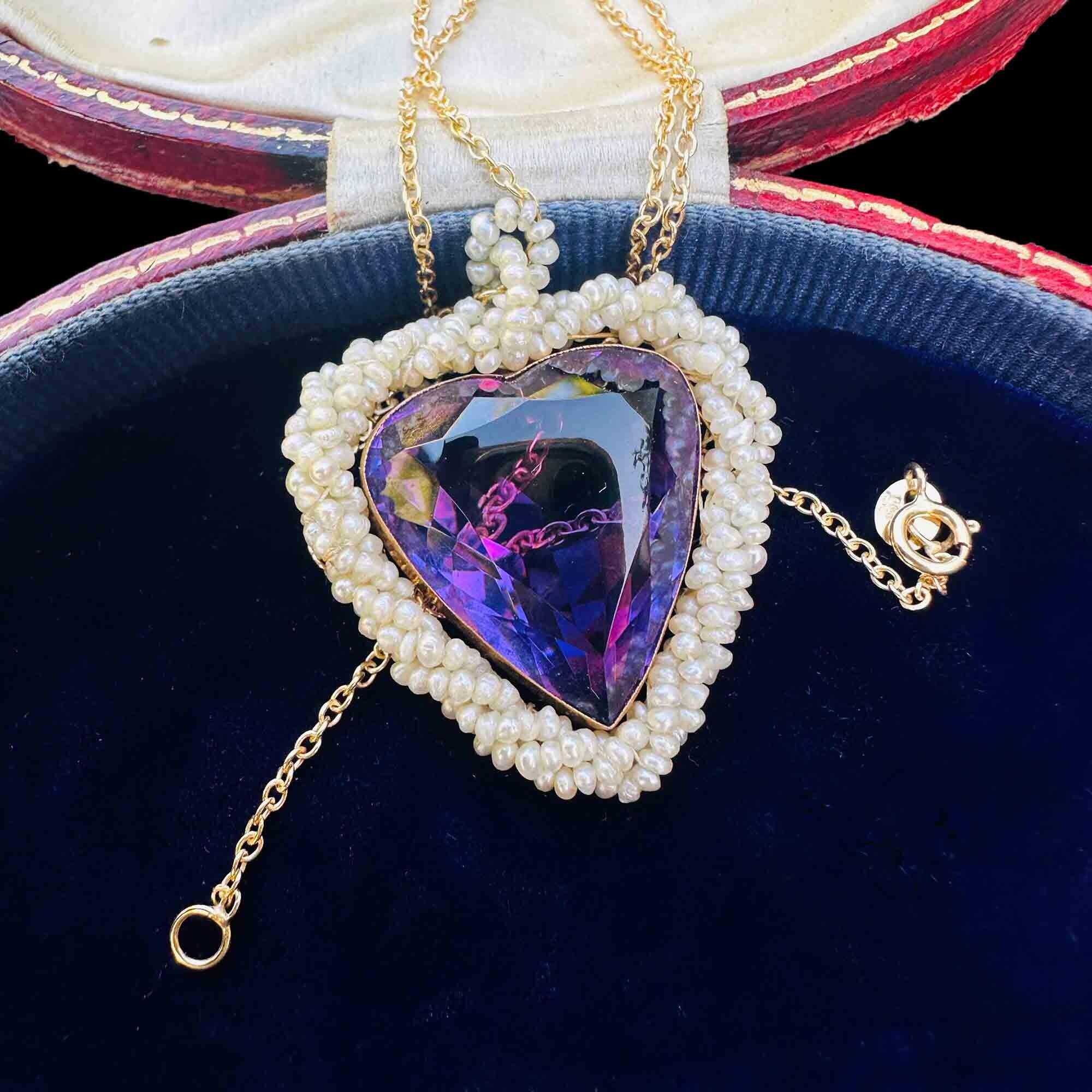 Georgian purple amethyst faceted heart pendant with a seed pearl border