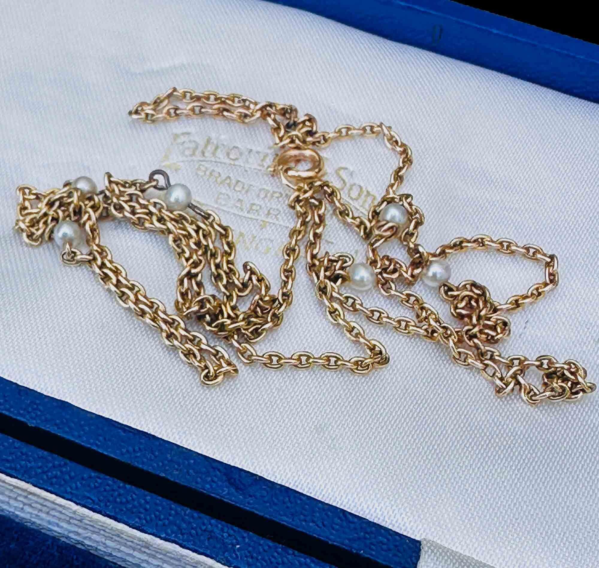 Antique Edwardian 18ct yellow gold pearl station chain necklace