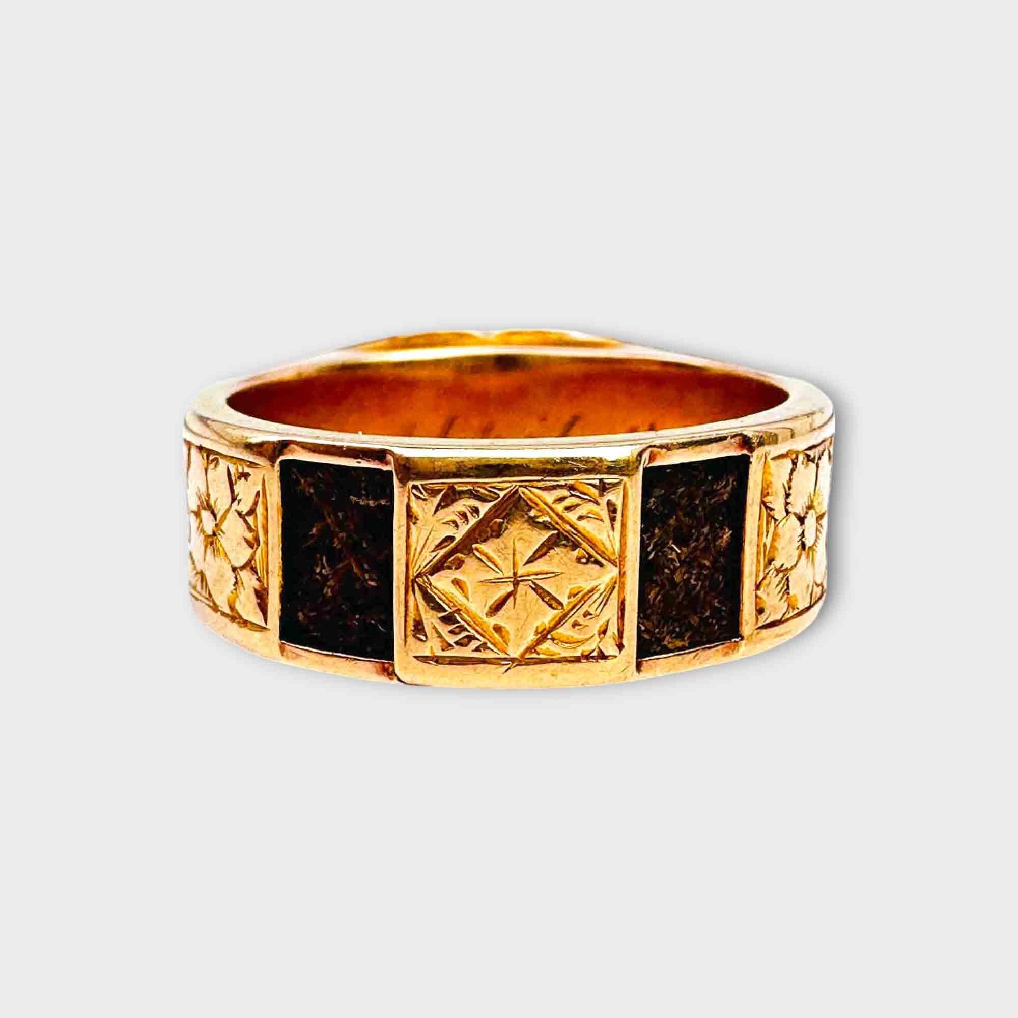 Victorian 15ct gold hair mourning band ring with engraved pattern and inscription inside shank