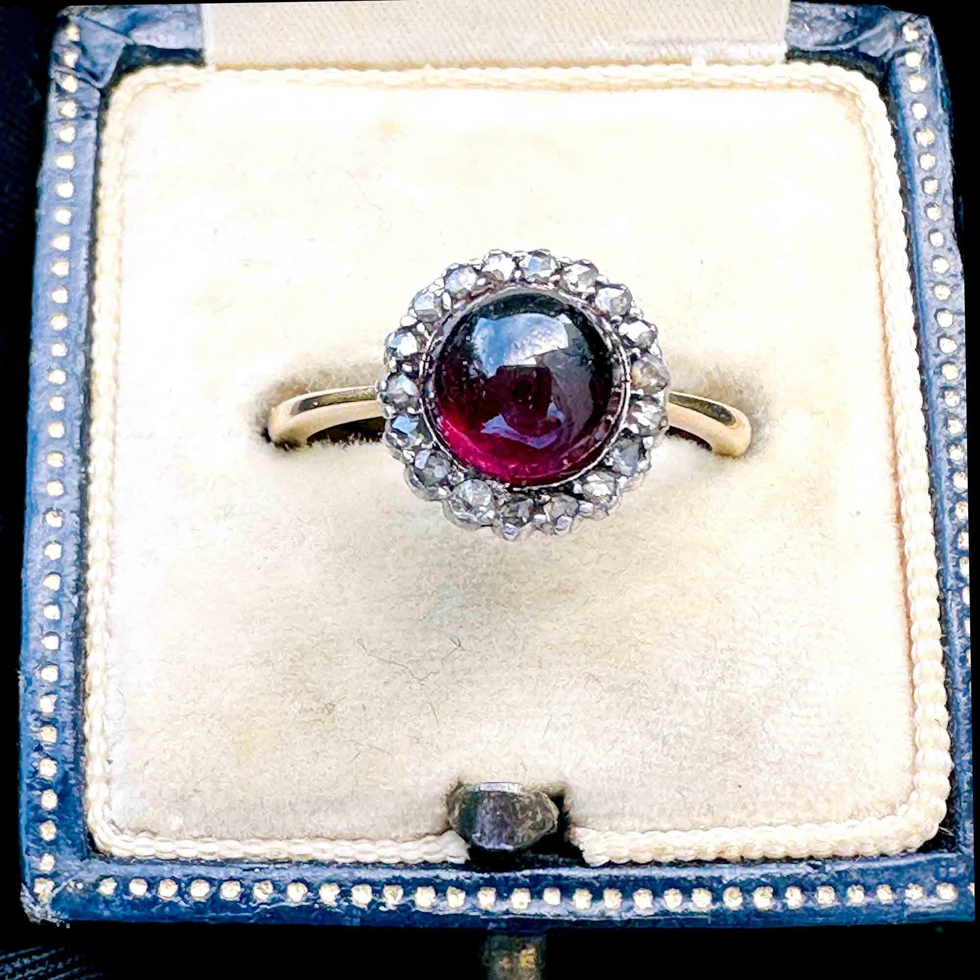 Georgian 15ct gold rhodolite garnet and rose cut diamond halo/daisy ring