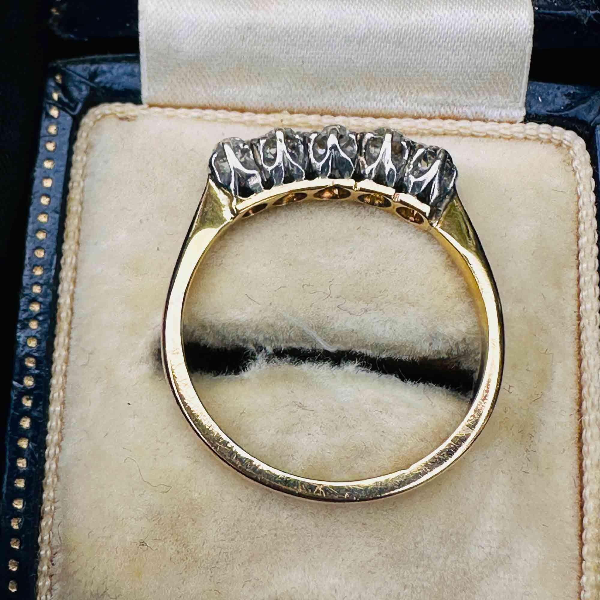 Edwardian five stone old-mine cut diamond engagement ring in 18ct yellow gold