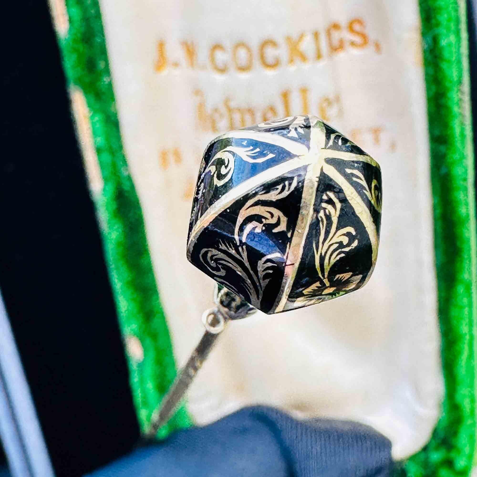 Victorian 14ct black enamel sceptre stick pin with foliate and floral gold inlay detailing on barley twist pin