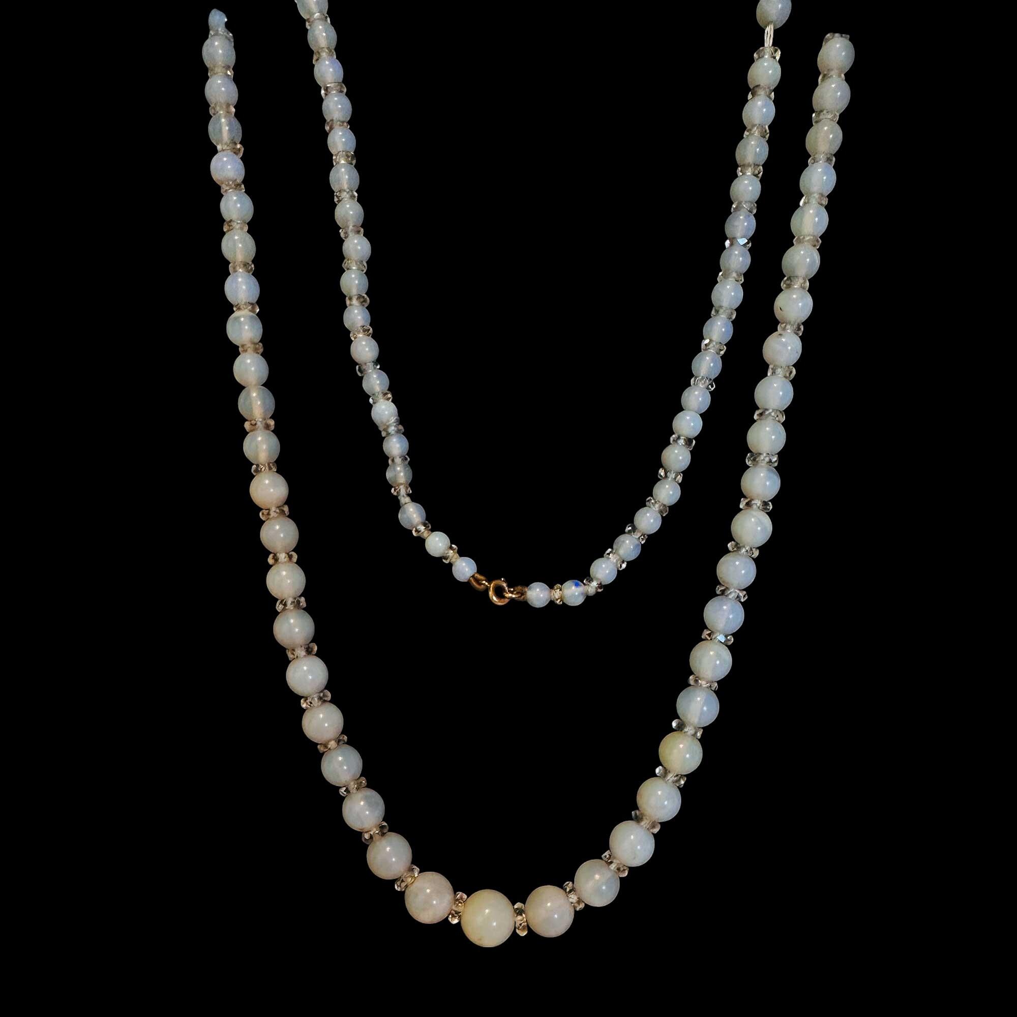 Antique Edwardian opal and rock crystal beaded necklace on a 10ct rose gold bolt clasp