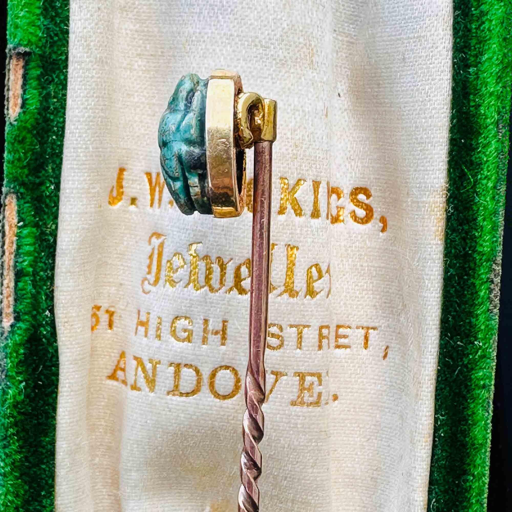 Antique Egyptian revival Victorian carved turquoise scarab beetle stick pin in 15ct gold