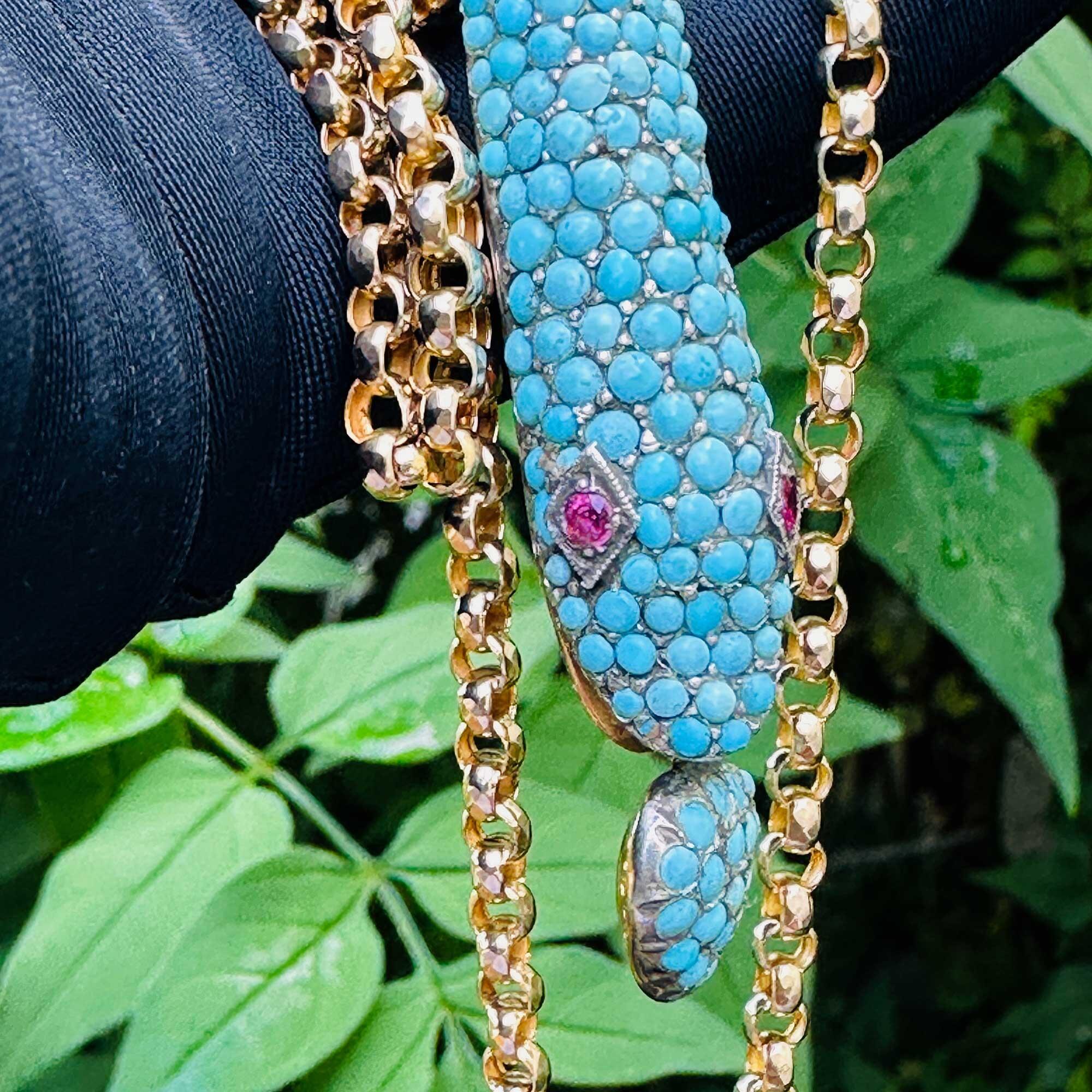 Georgian 15ct yellow gold, turquoise pave set snake head pendant with ruby eyes and heart drop