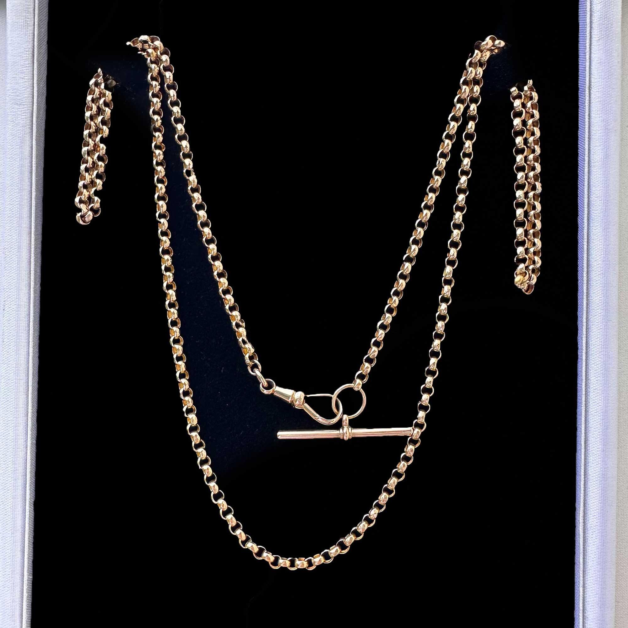 Antique Edwardian 9ct yellow gold faceted belcher link chain necklace with T bar and dog clip clasp