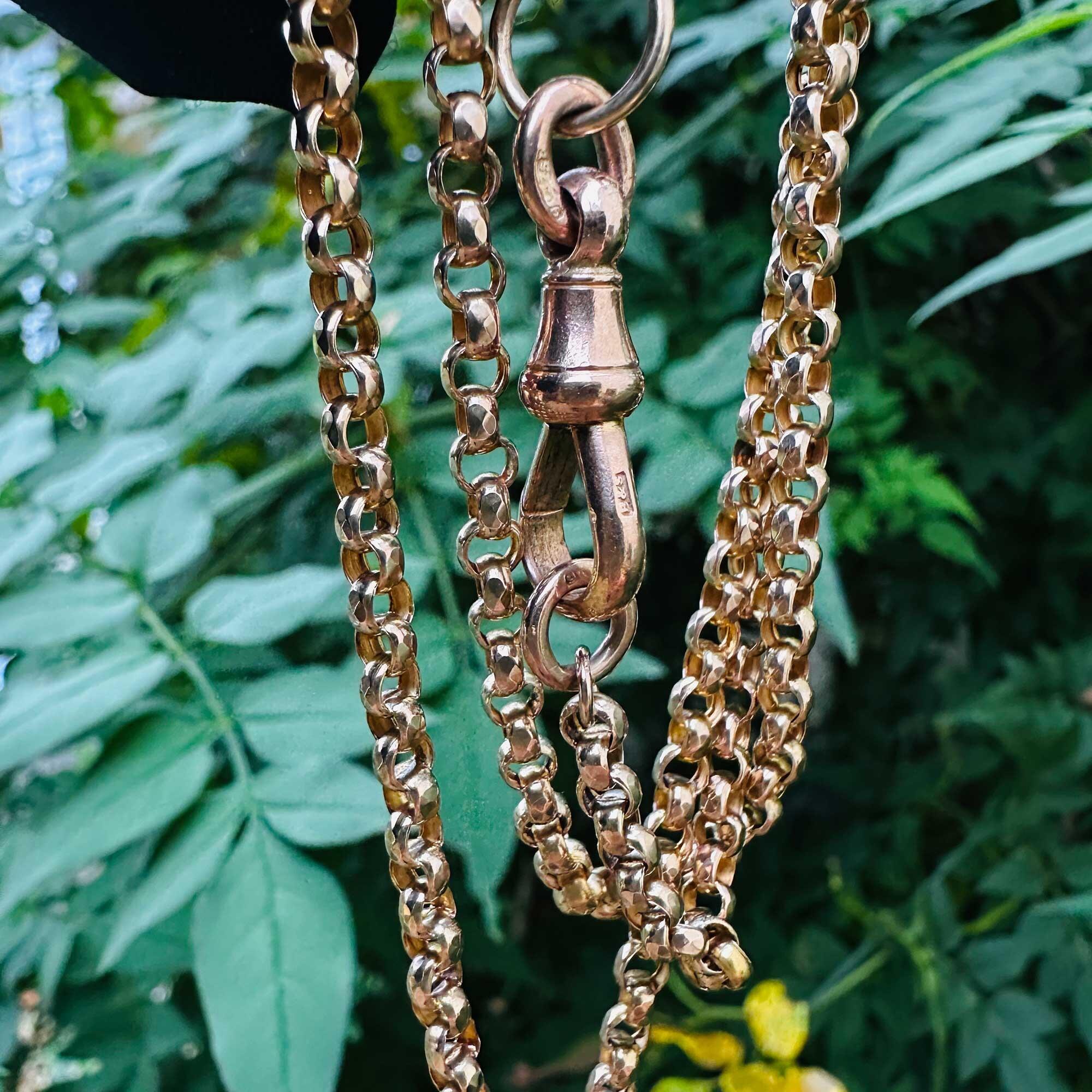 antique Edwardian 9ct yellow gold faceted belcher link muff chain necklace with dog clip clasp