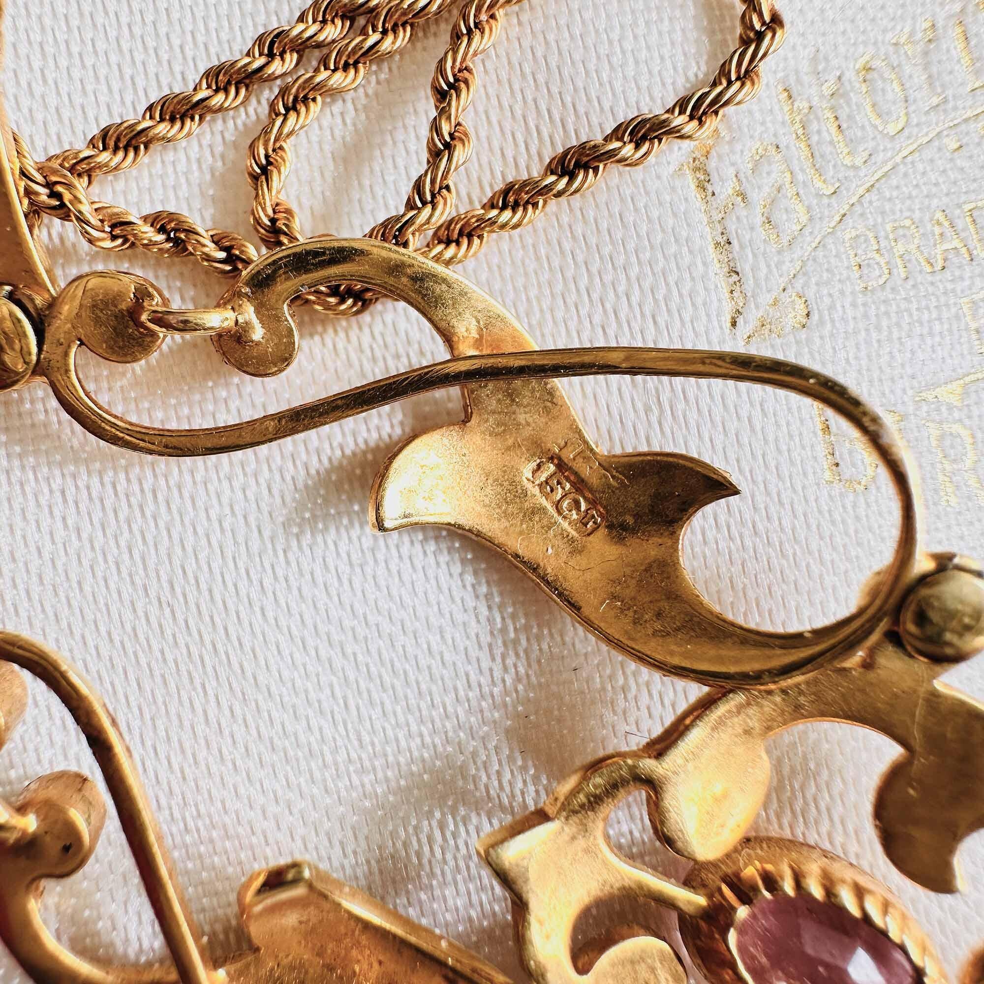 Antique Art Nouveau 15ct yellow gold lavalier necklace with pearls and pink tourmaline on a rope chain