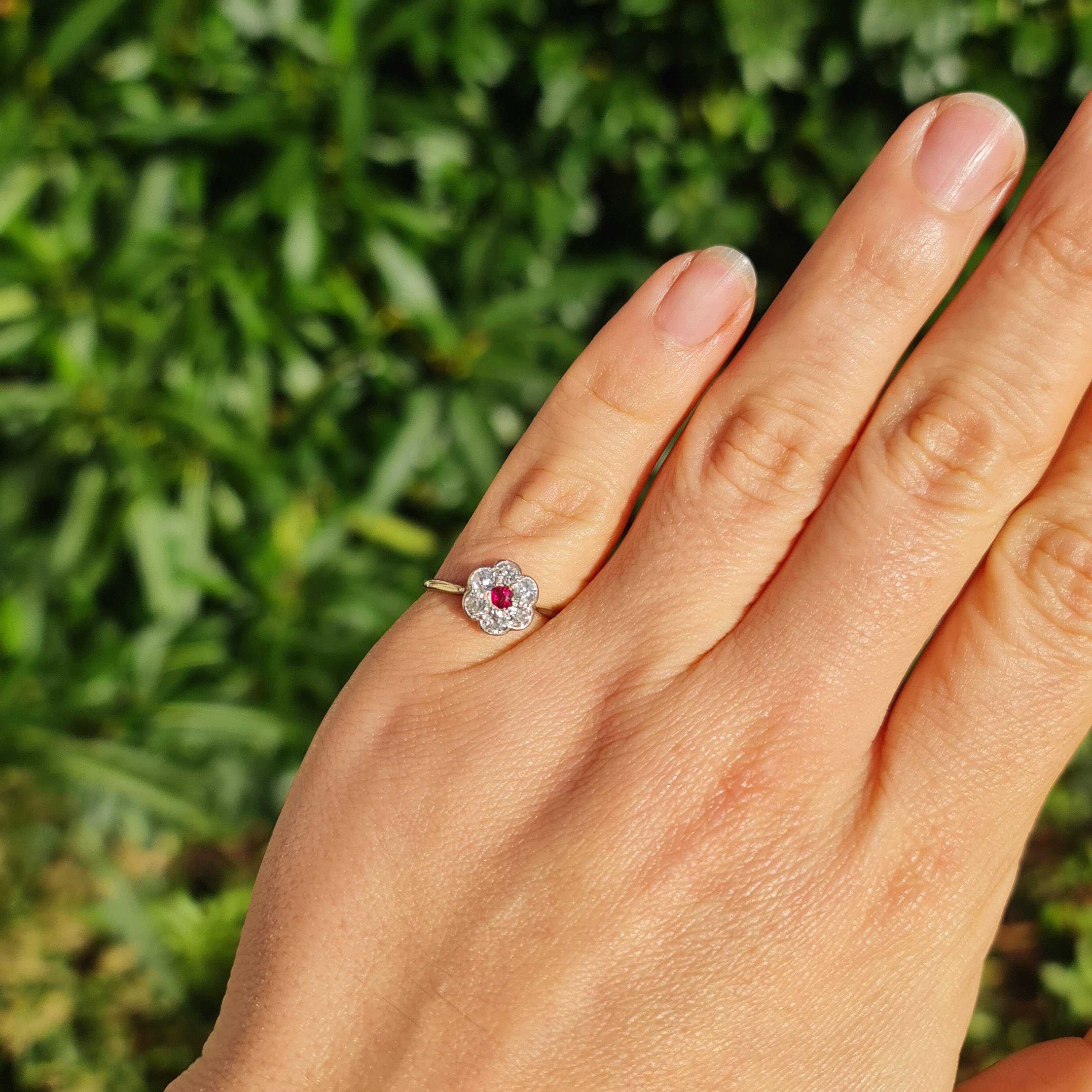 Antique Art Deco 18ct white gold ruby and diamond daisy cluster ring
