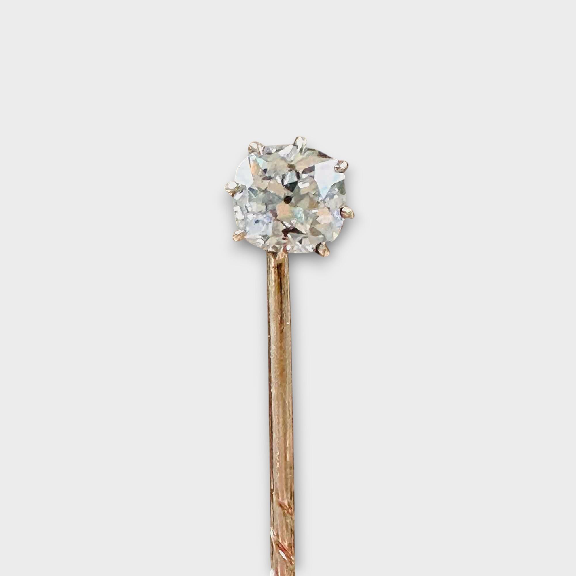 Antique Victorian 15ct gold and solitaire cushion cut diamond stick pin