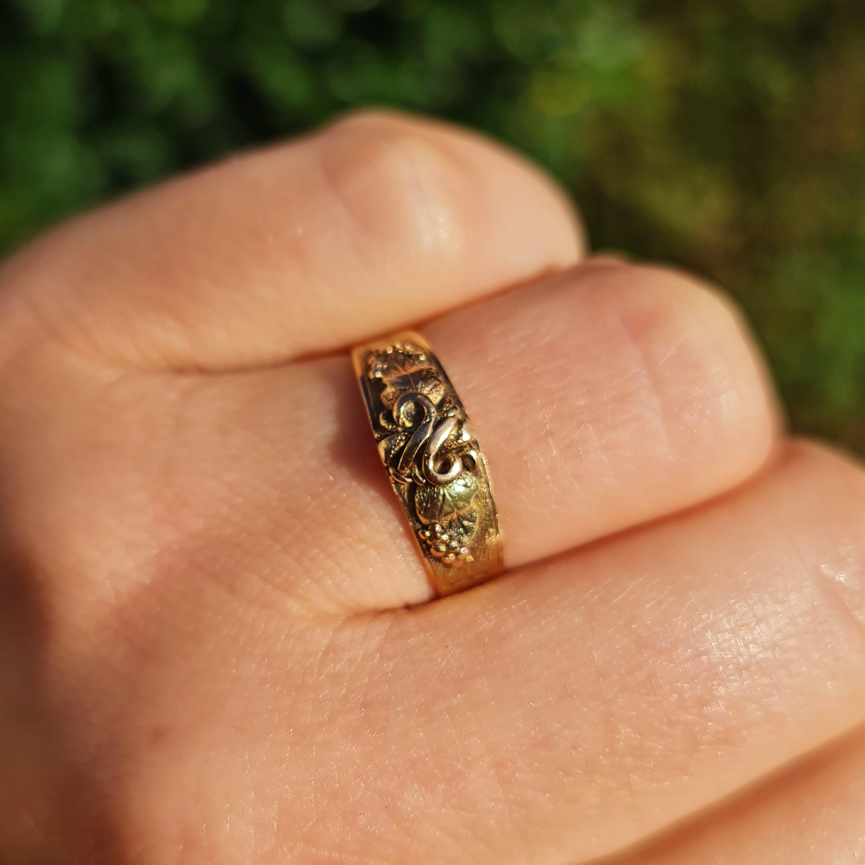 Victorian 14ct yellow gold grape and vine ring with green and rose gold detailing and infinity symbol