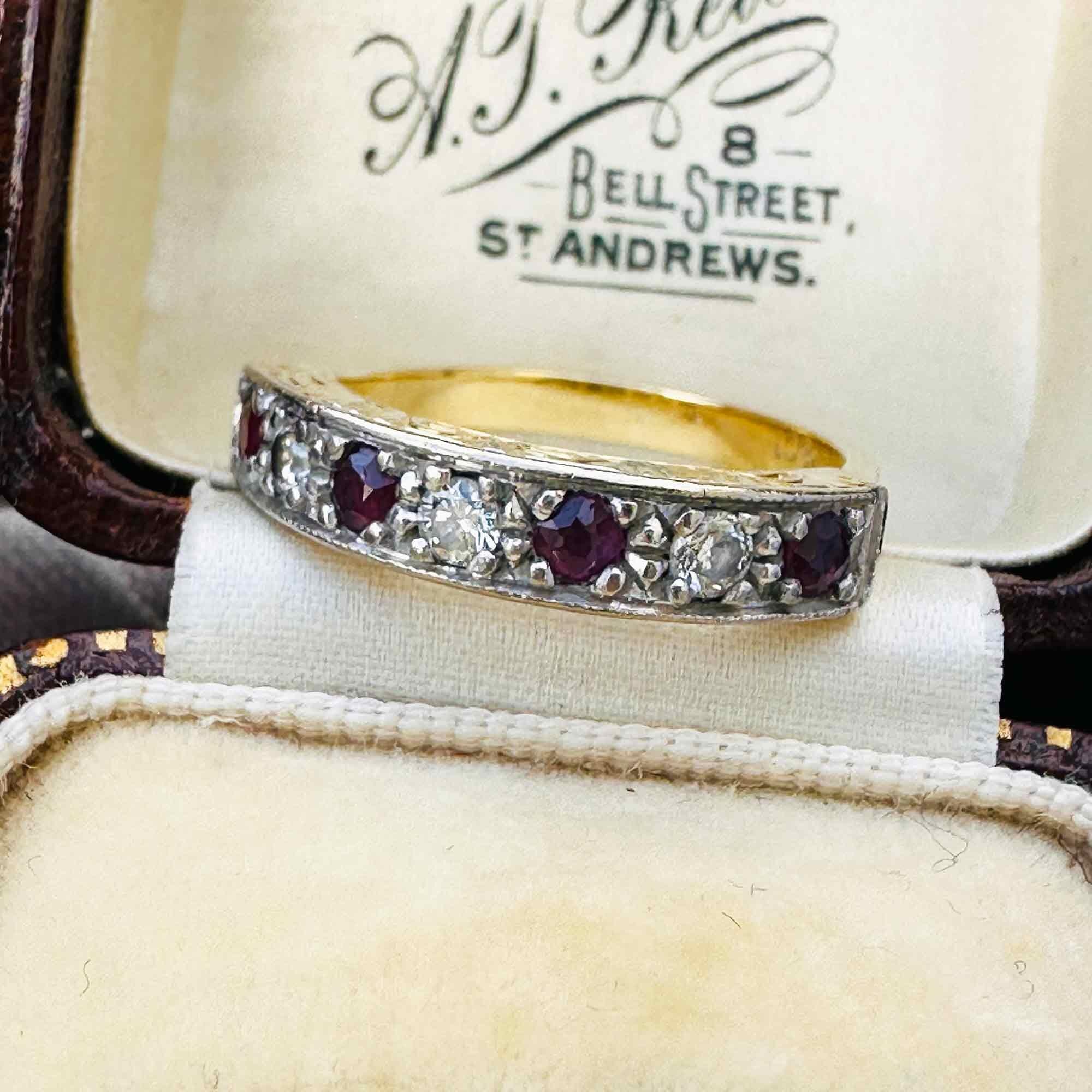 Art Deco 18ct yellow gold half eternity/anniversary ring with alternating rubies and diamonds