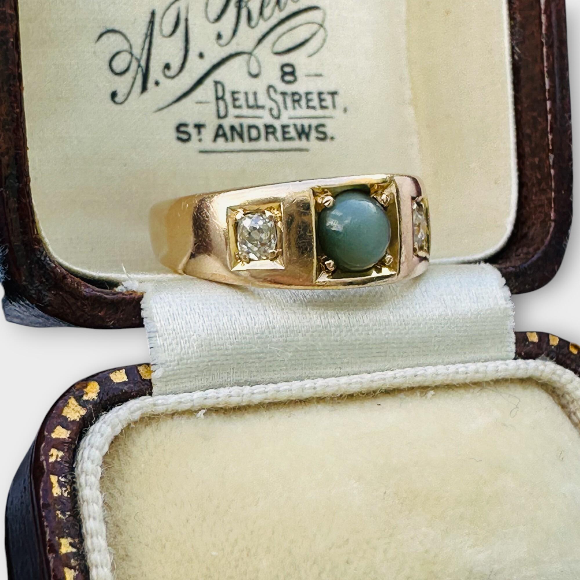 Antique Victorian 15ct gypsy ring with cat's eye chrysoberyl flanked by two diamonds