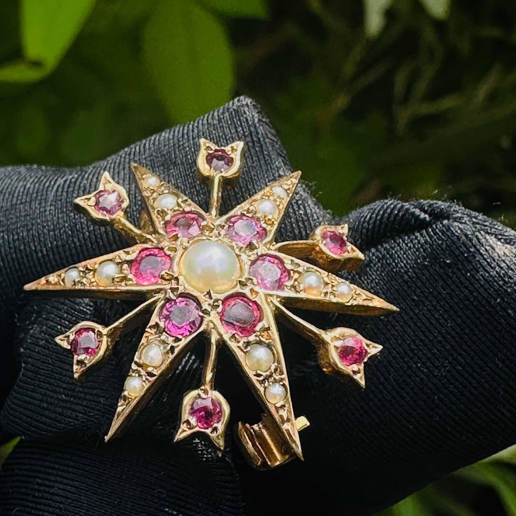 Vintage 9ct gold pink sapphire and seed pearl studded starburst brooch or pin