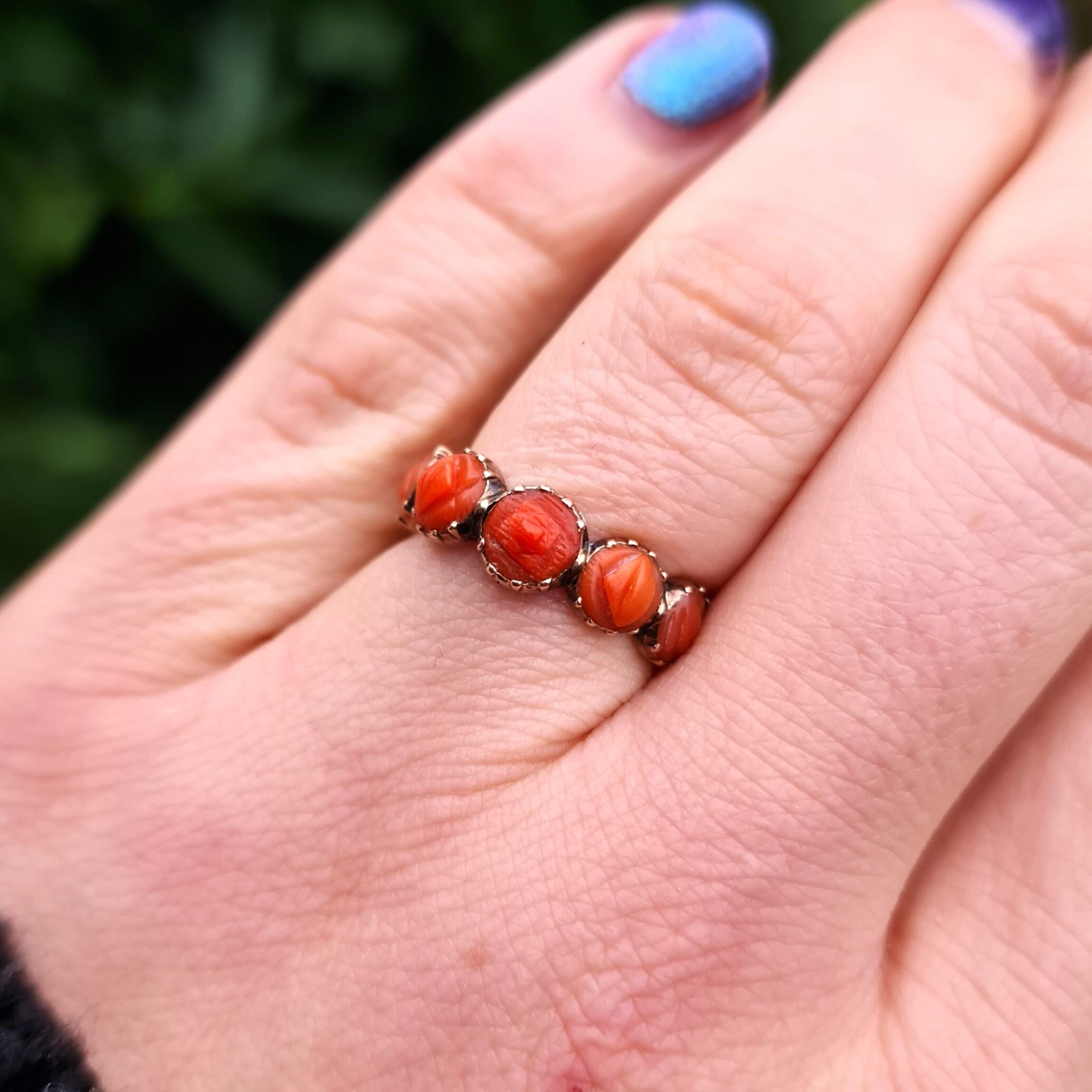 Antique Georgian 9ct Rose Gold Five Stone Carved Coral Half Hoop Ring
