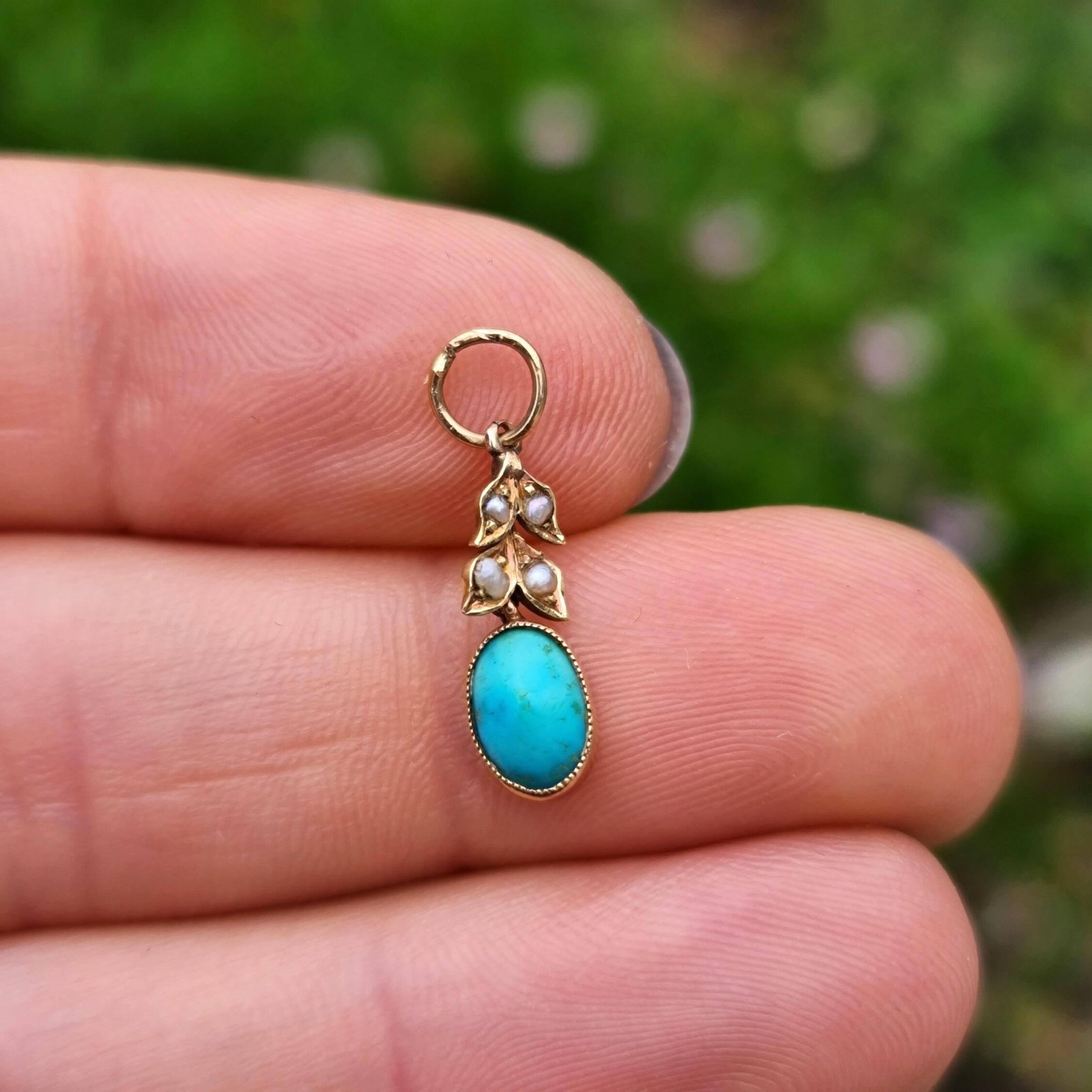 Art Nouveau 15ct yellow gold pendant with foliate pearl detail and a turquoise cabochon drop by Murrle Bennett