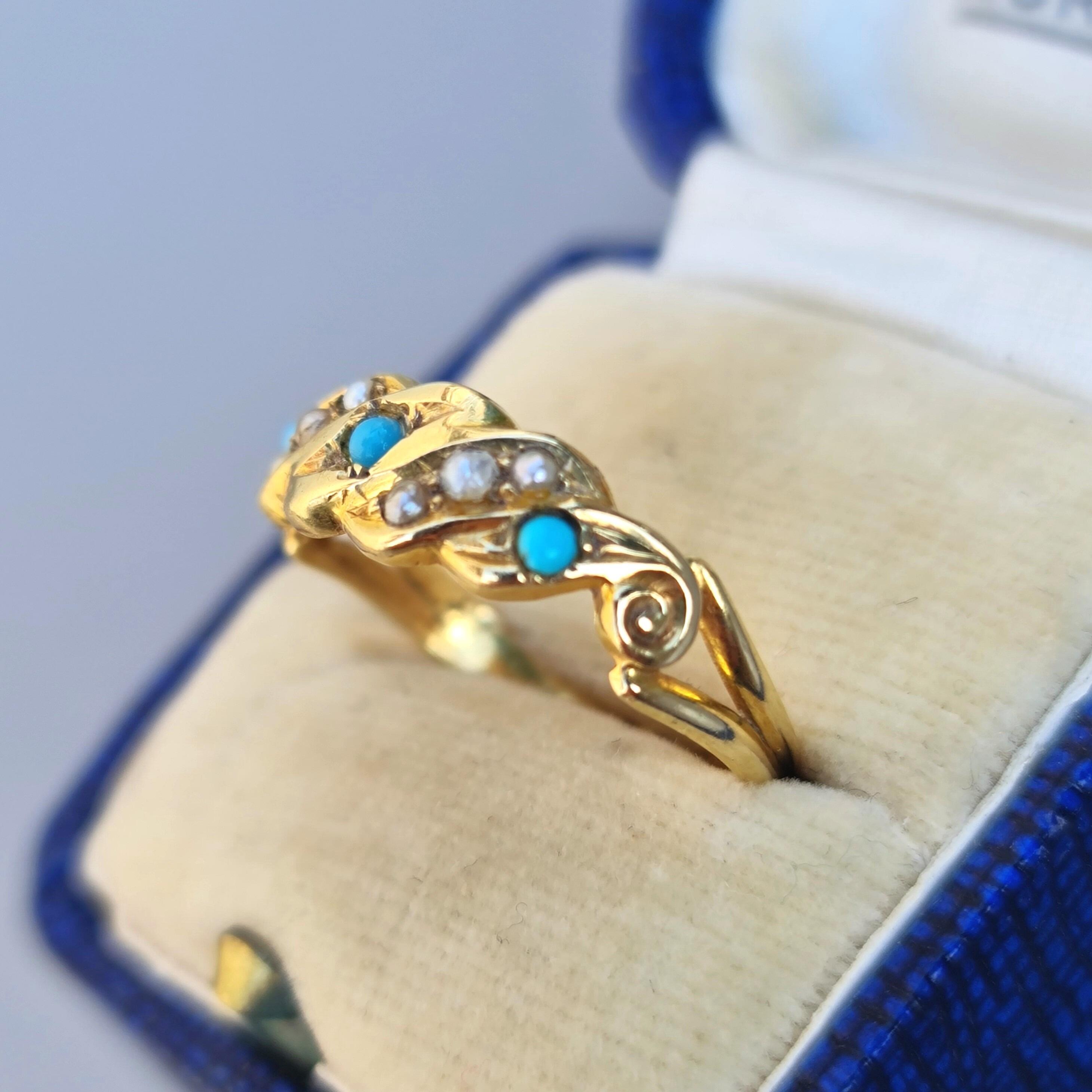Antique Victorian 9ct yellow gold scrollwork ring with turquoise and pearls by Deakin and Francis