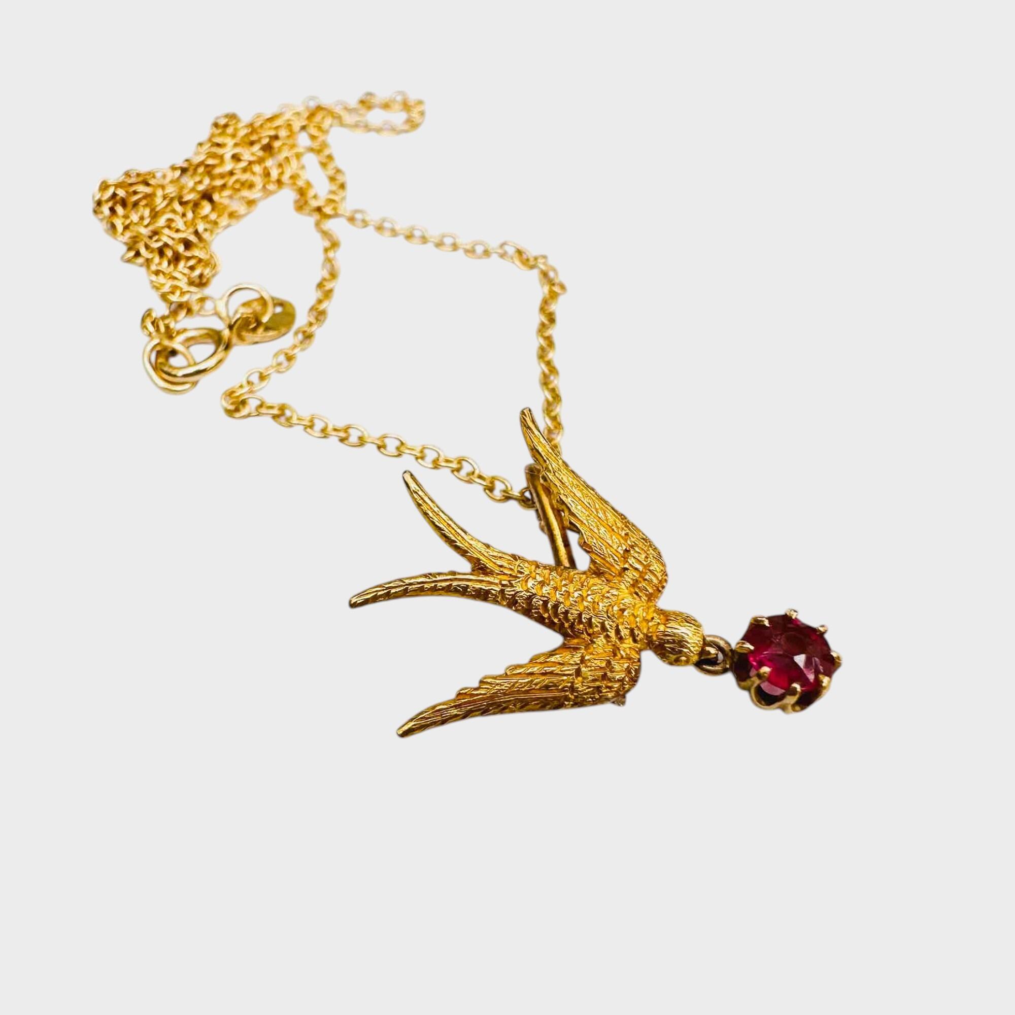 Antique, Edwardian 15ct Gold & Ruby Swallow Pendant on 9ct Chain