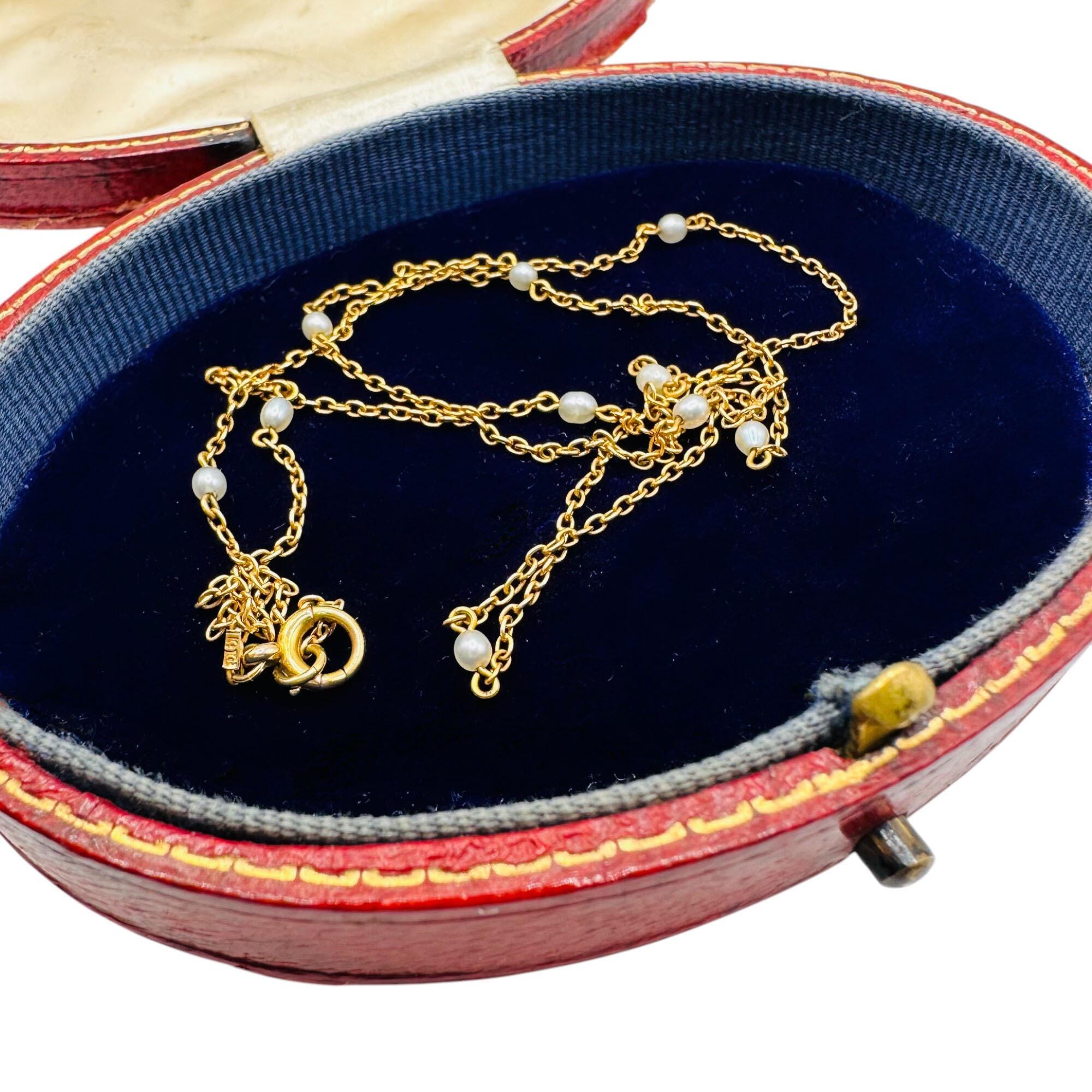 Fine Antique Edwardian 9ct yellow gold station chain necklace with seed pearls