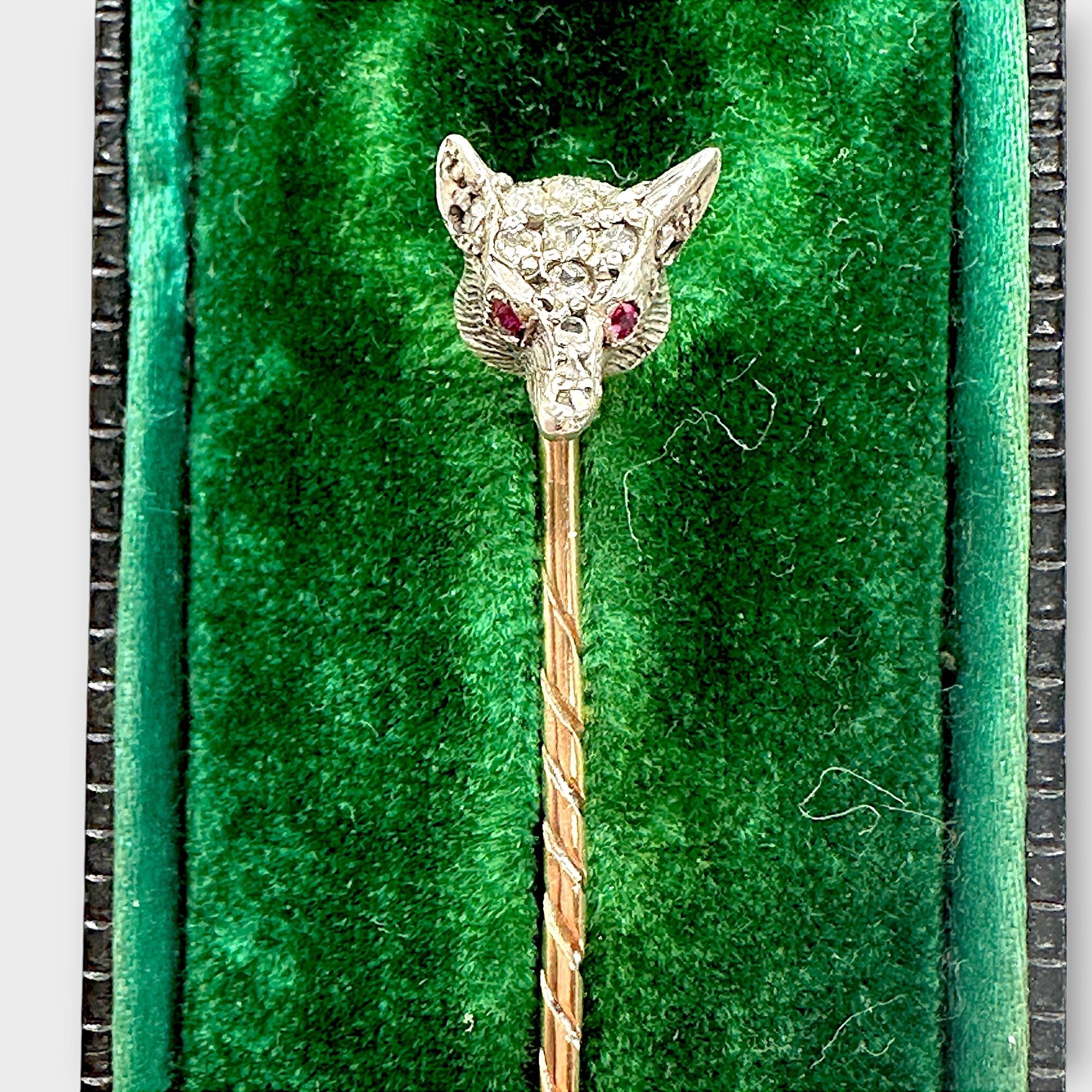 Edwardian Gold & Silver Fox Head Stick Pin with Diamonds & Ruby front