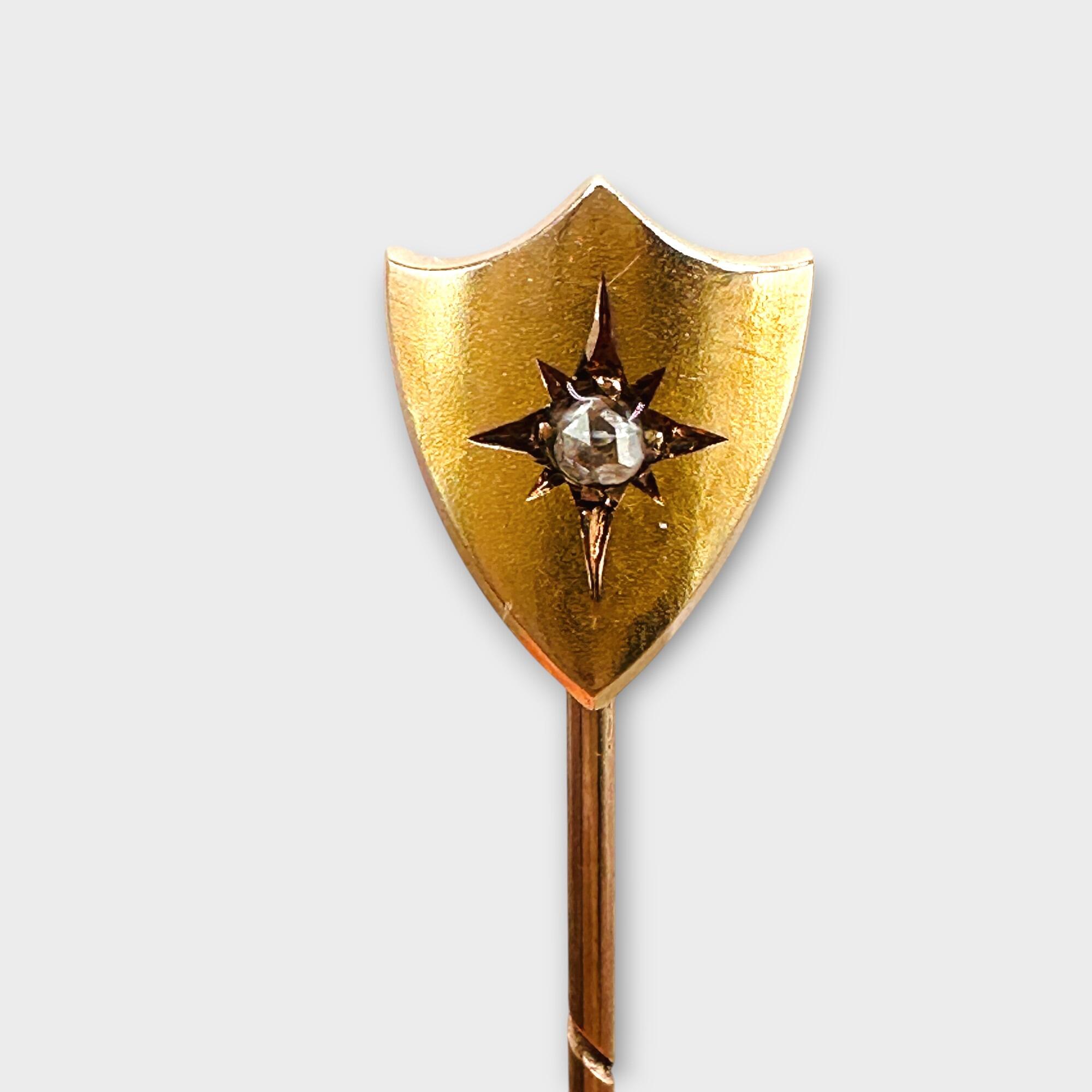 Victorian 9ct yellow Gold rose cut Diamond Shield Stick Pin with grey background