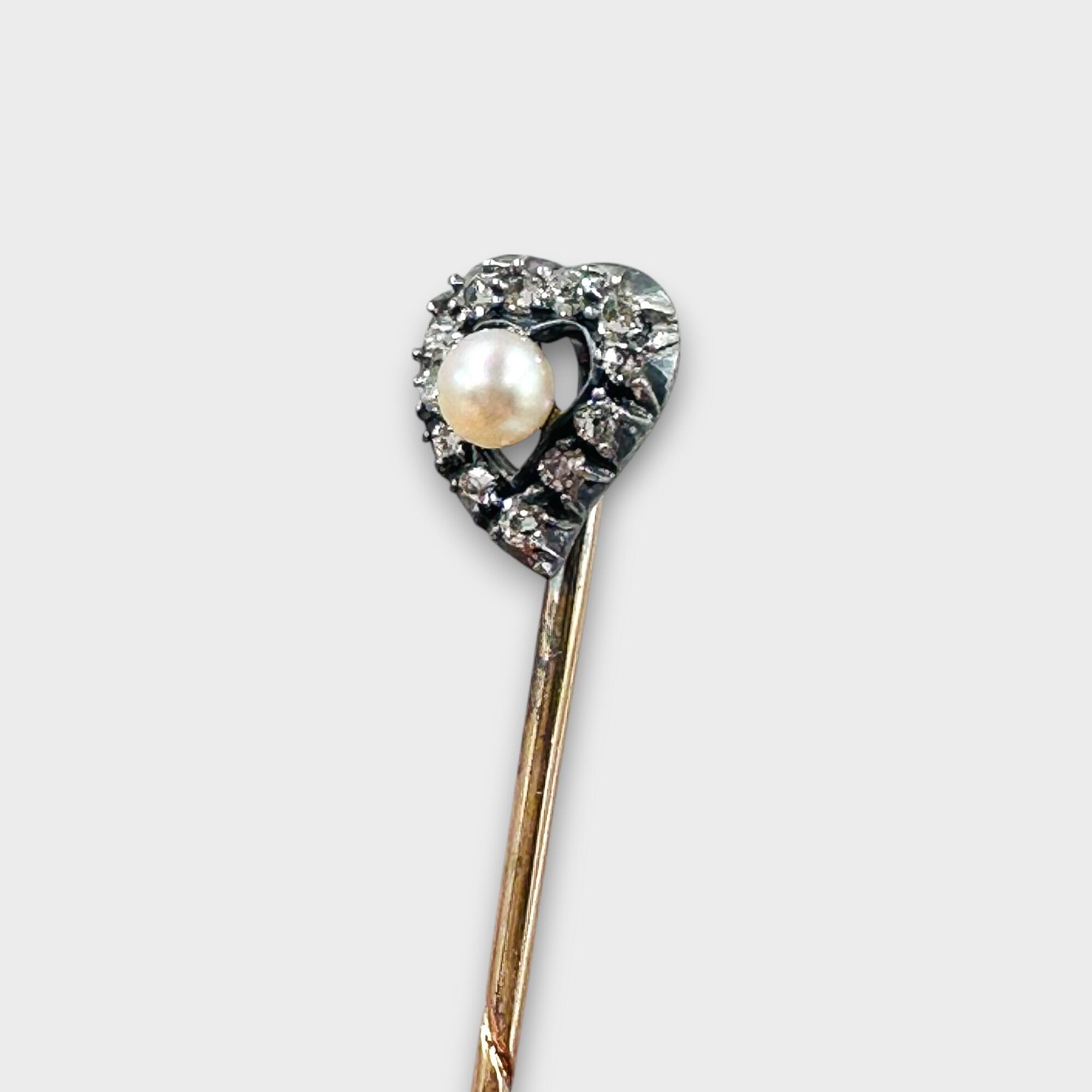 Victorian 15ct Gold & silver Romantic Diamond & pearl heart Stick pin side view on grey background.