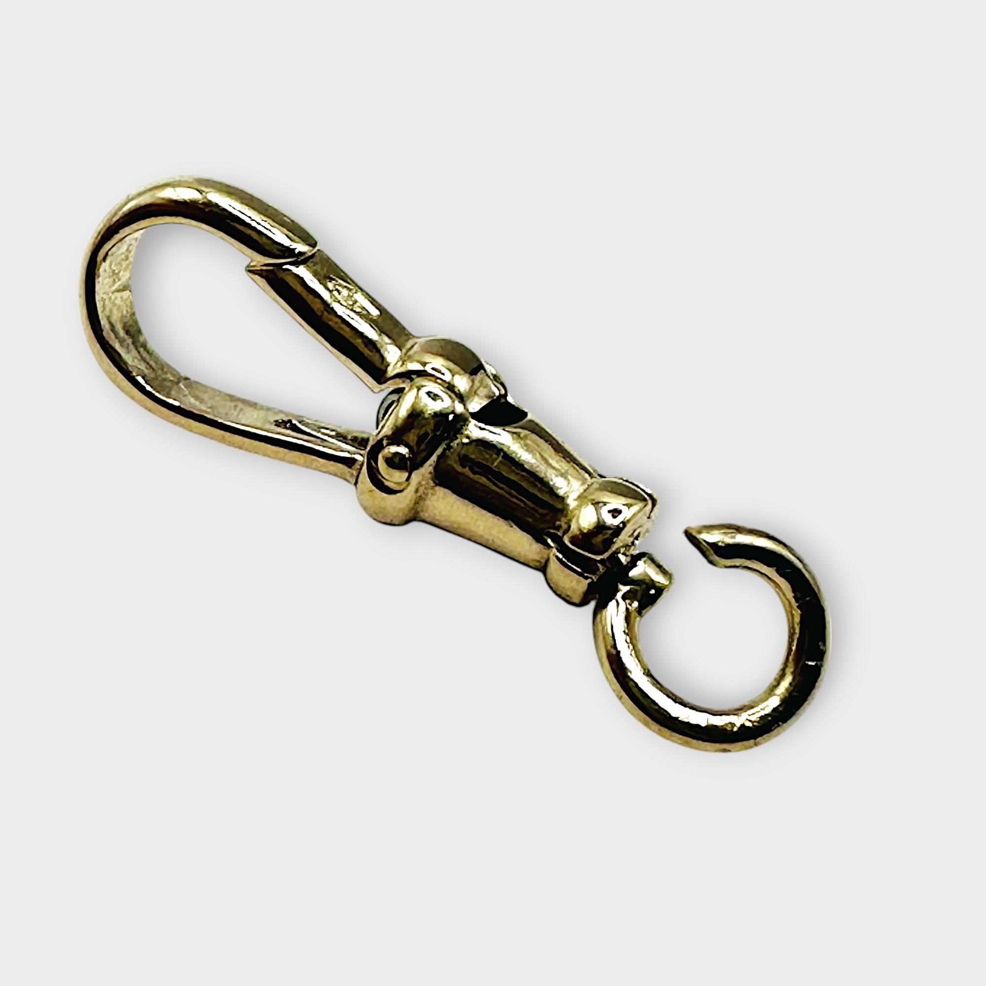 9ct yellow gold swivel dog clip clasp on grey background