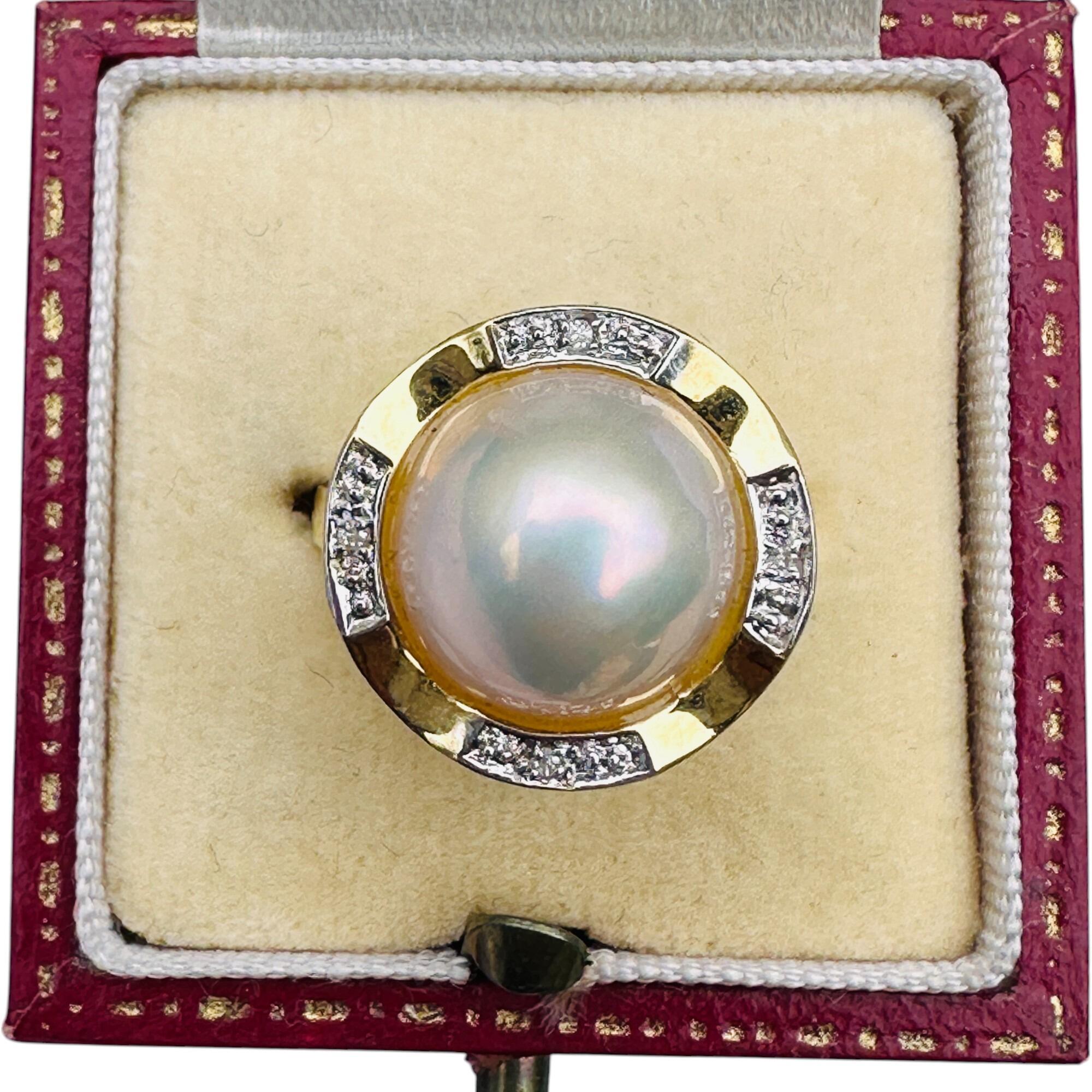 Elegant vintage 18ct gold cocktail ring with Mabe pearl and diamond accents in velvet and red box facing forwards.