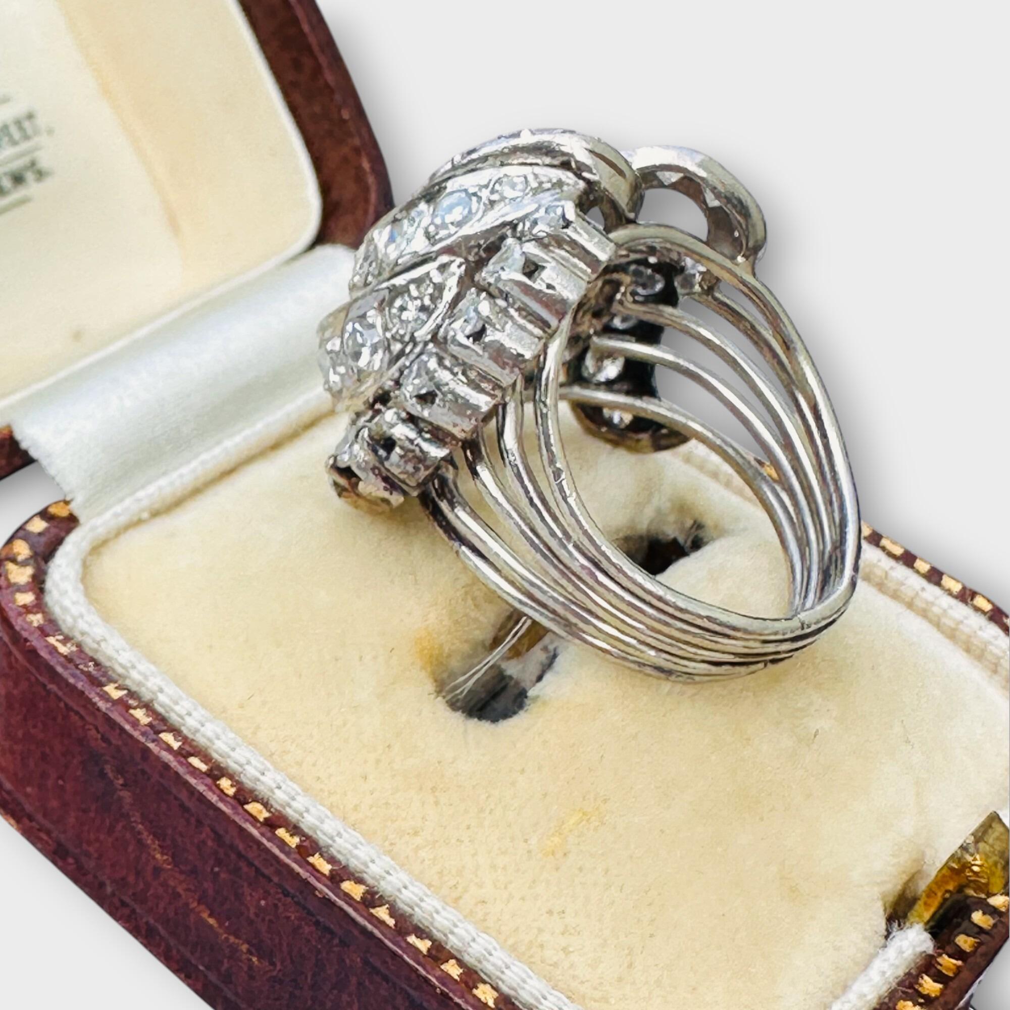 Fabulous Platinum Diamond 1.12ct cluster cocktail ring, in a antique box, side view