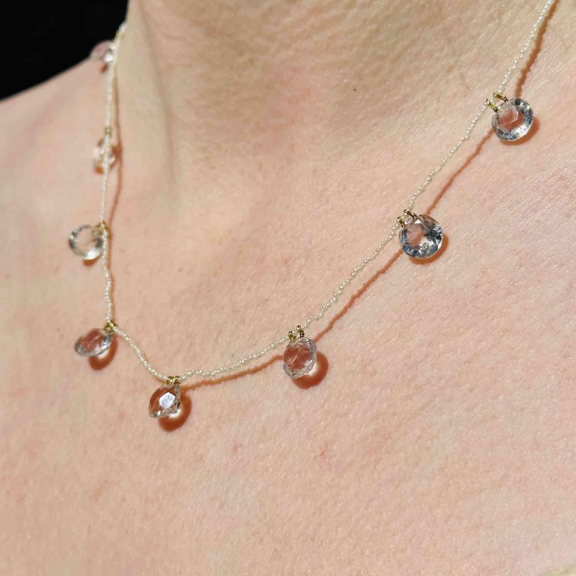 Edwardian rock crystal and natural seed pearl fringe necklace with 9k barrel clasp on neck.