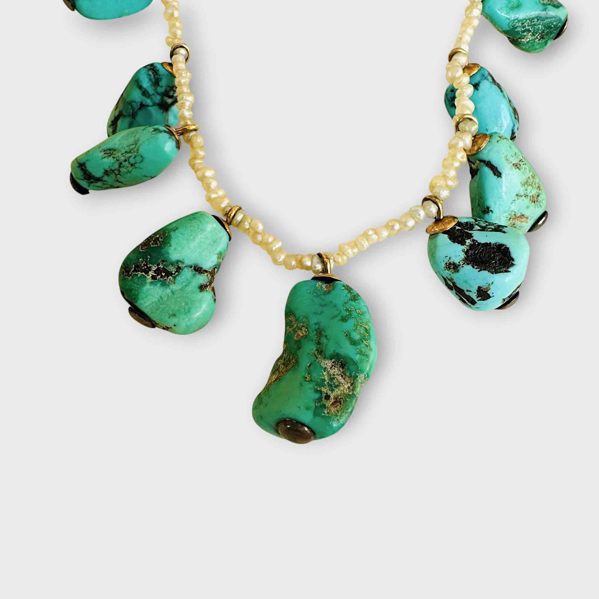 Edwardian Turquoise Nugget & Seed Pearl Fringe Necklace & 9k Gold Barrel Clasp, grey background.