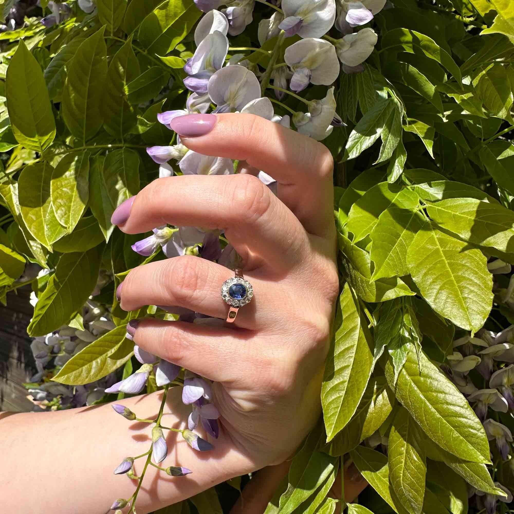 Victorian sapphire and diamond cluster ring, worn on hand in garden.