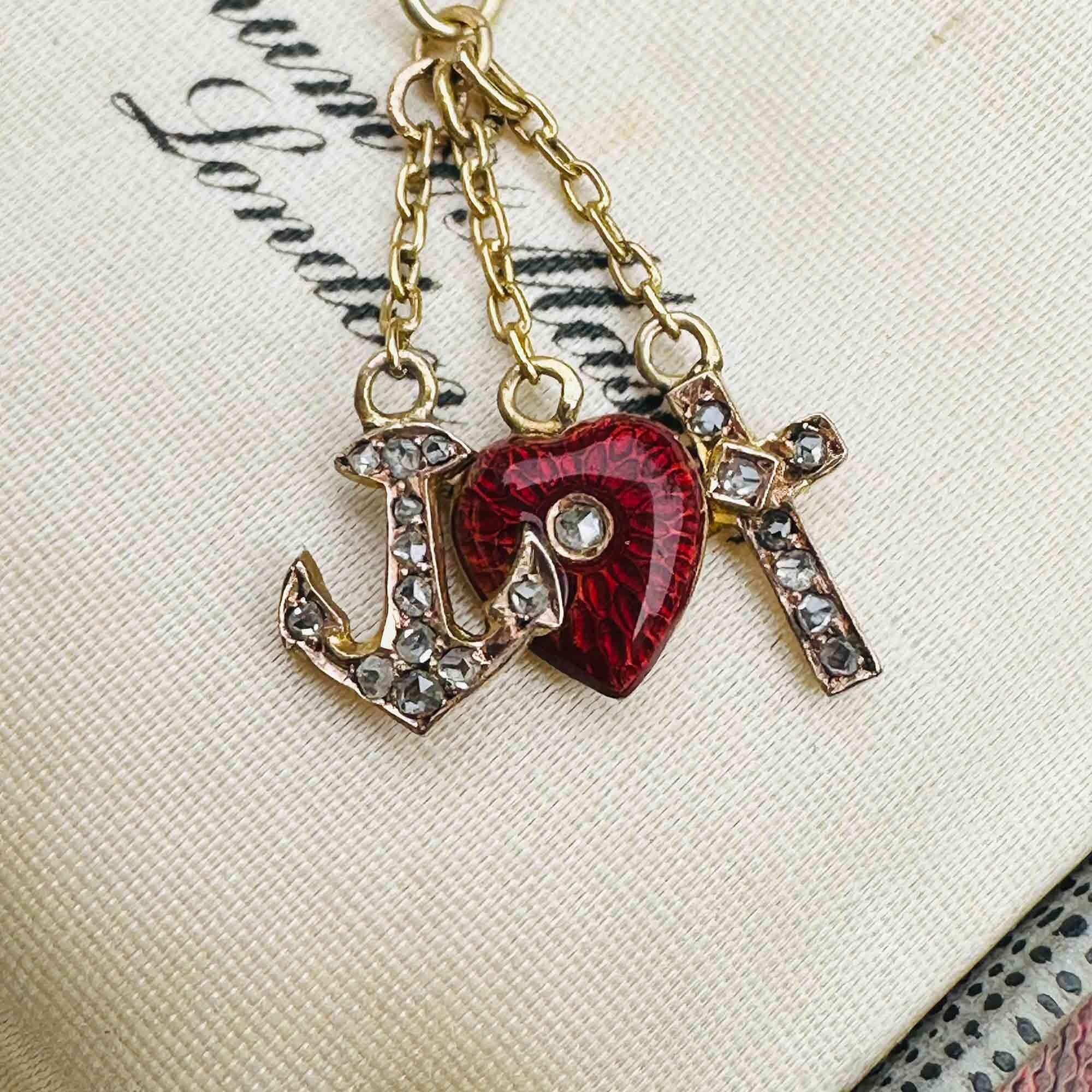 Antique 18k gold Faith Hope and Charity pendant with cross anchor and heart, in antique box.