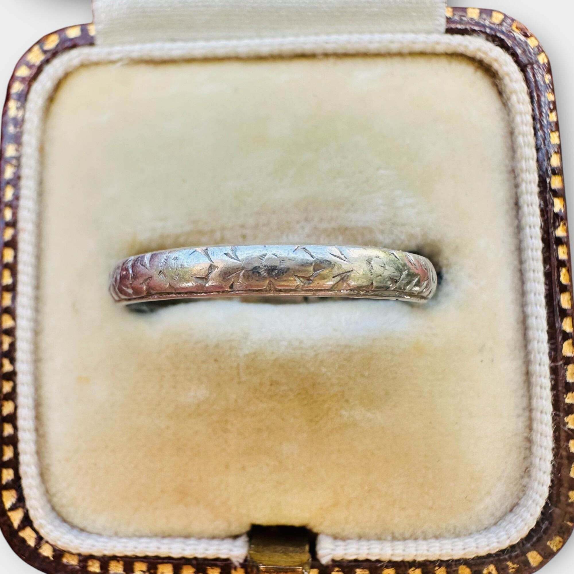 Floral engraved platinum ring, Edwardian orange blossom wedding band, in antique box