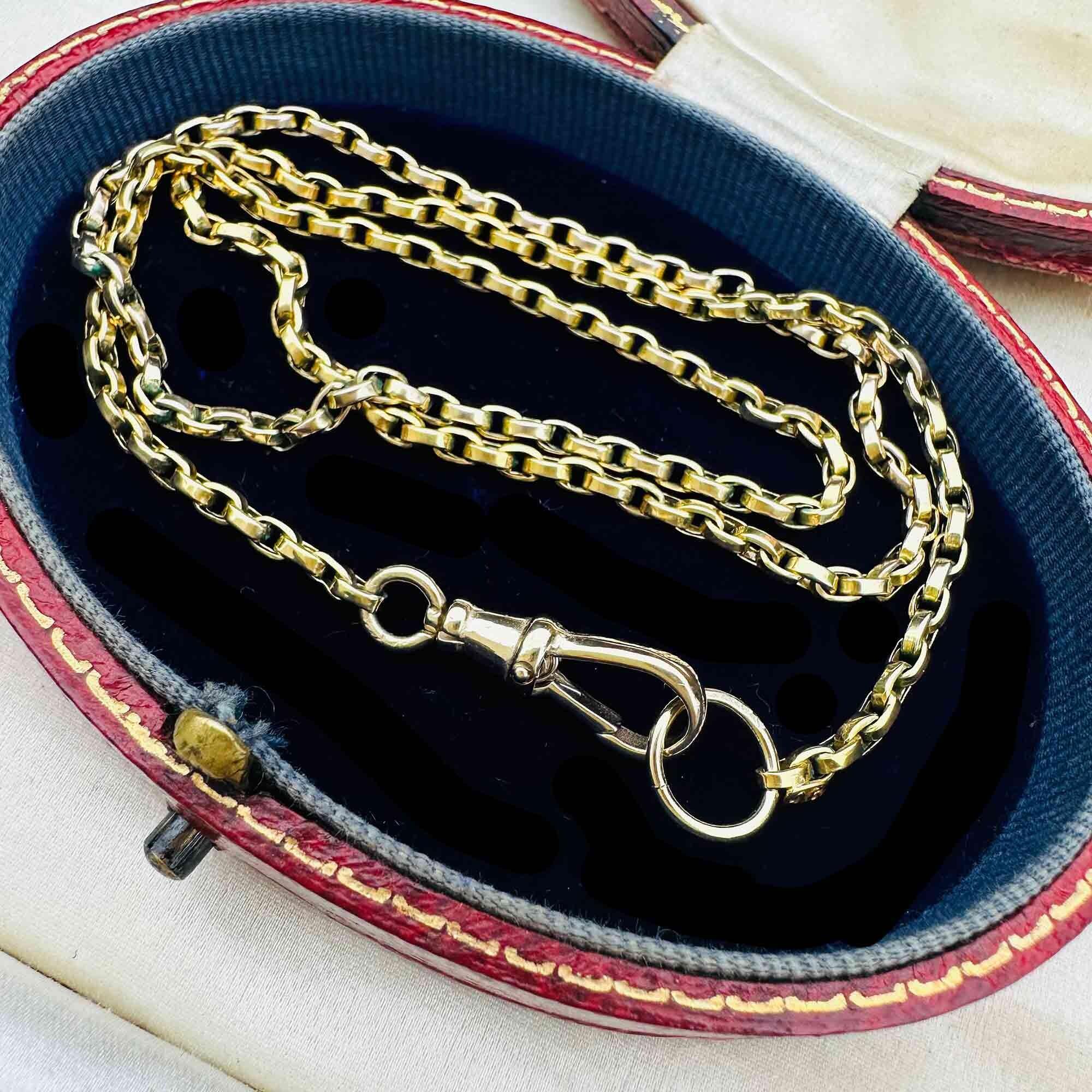 Antique 9k yellow gold bike link chain necklace with dog clip clasp, 19.5 inches long, in antique box.