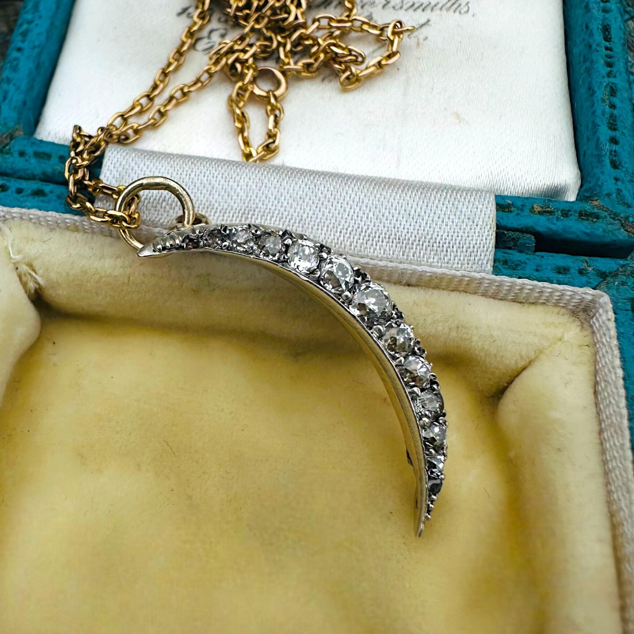 Victorian Diamond Crescent Moon Pendant – 0.80ct Old Cut Diamonds in Silver & 15k Gold in antique box