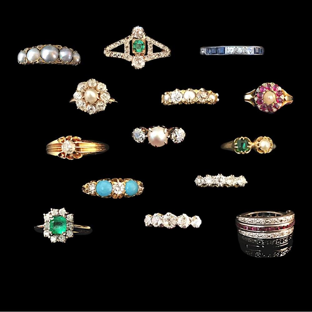 Antique and vintage bridal rings, including engagement rings, wedding bands, anniversary rings, and eternity rings.