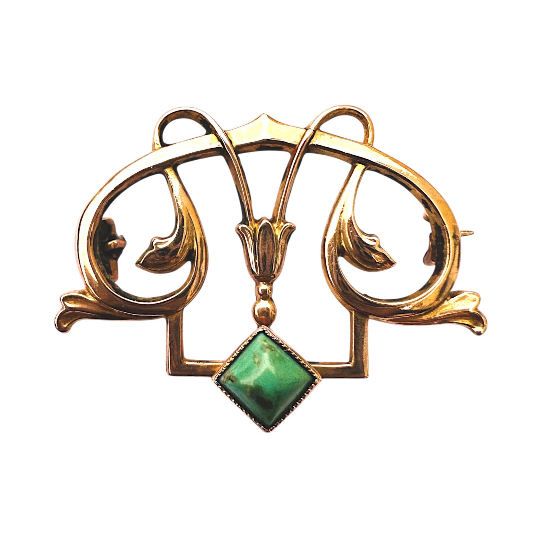 Art Nouveau Jugendstil Turquoise Brooch in 9k Rose Gold, white background.