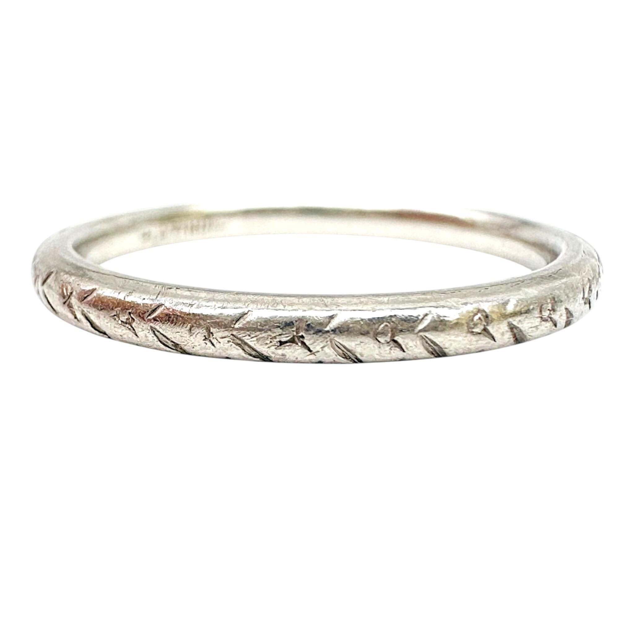 Art Deco Platinum Hand Engraved Foliate Design Wedding Ring 2mm with white background